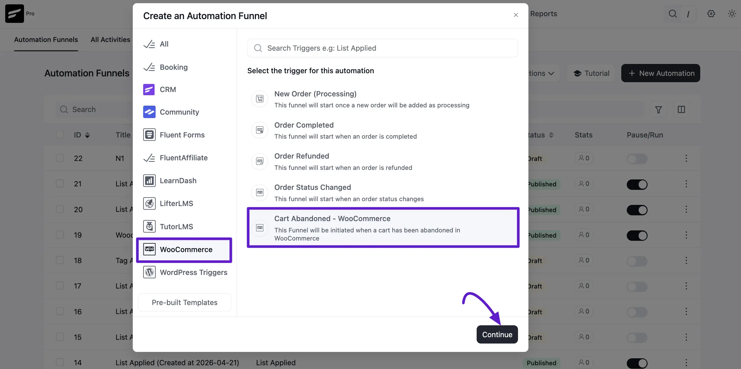automation funnels fluentcrm abandon