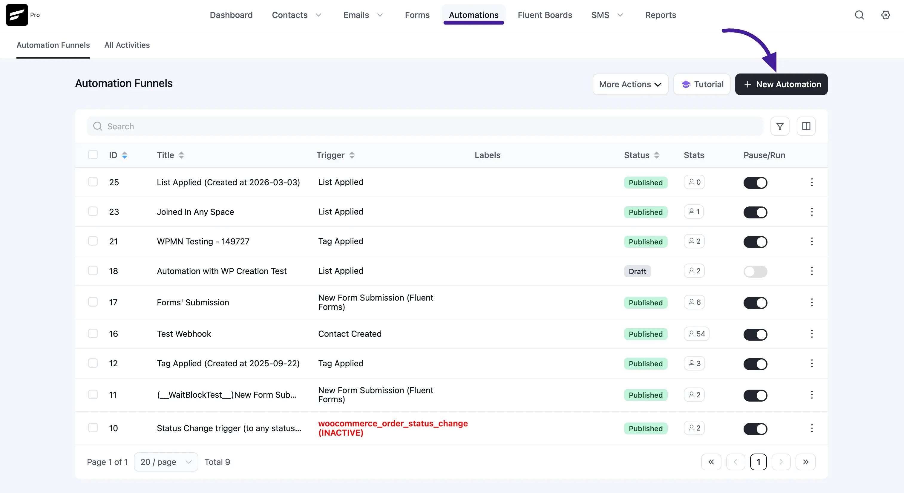 automations section from fluentcrm navbar