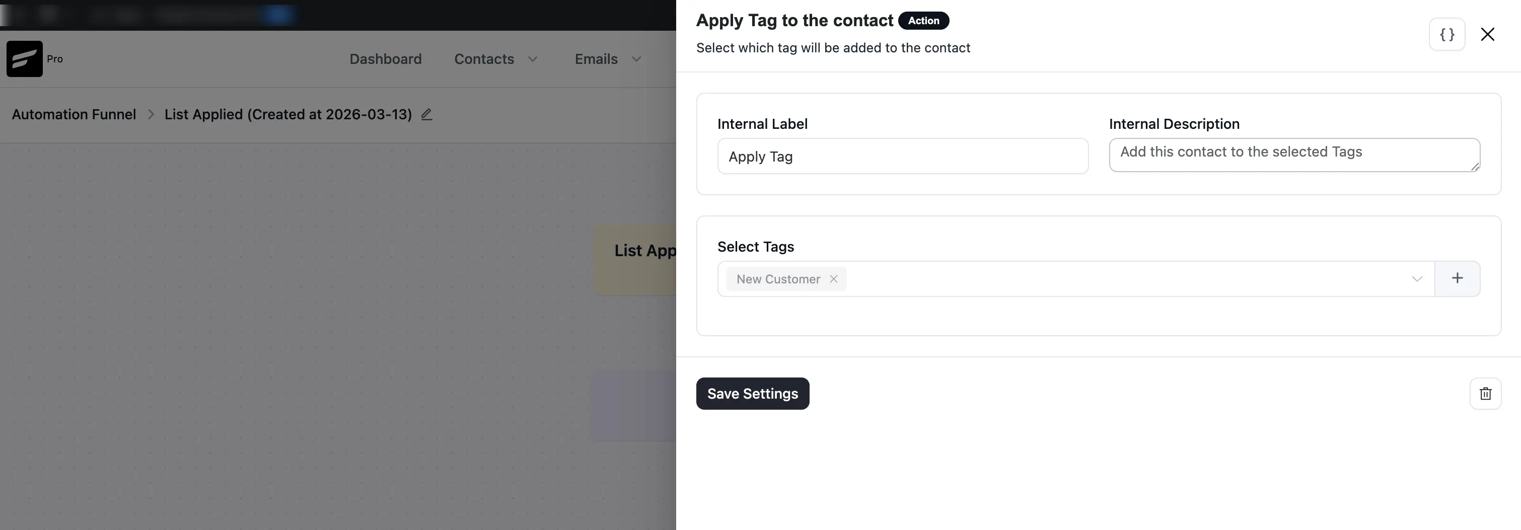 applied tag action's pop up page