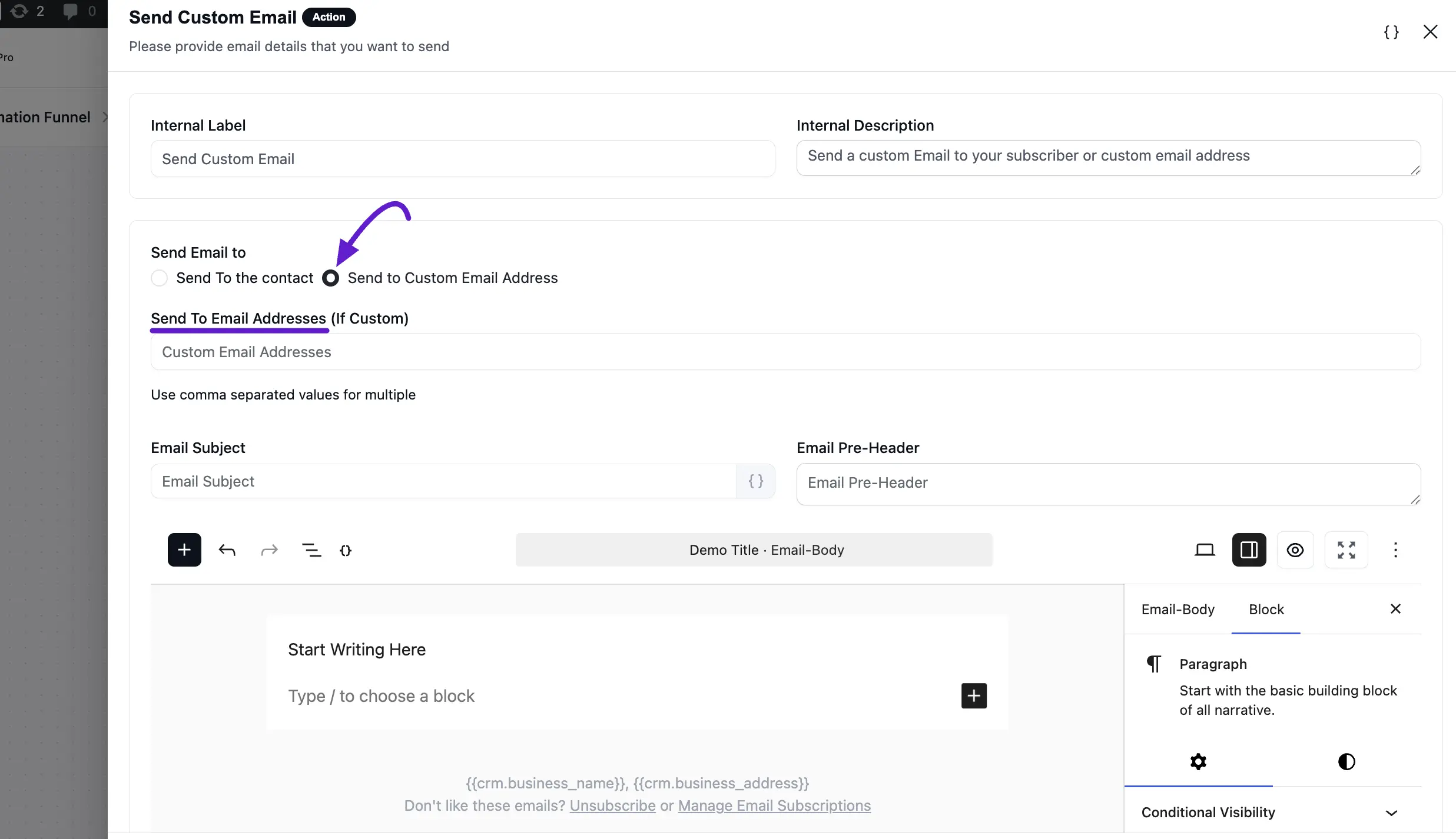 Send to custom email address under send email to