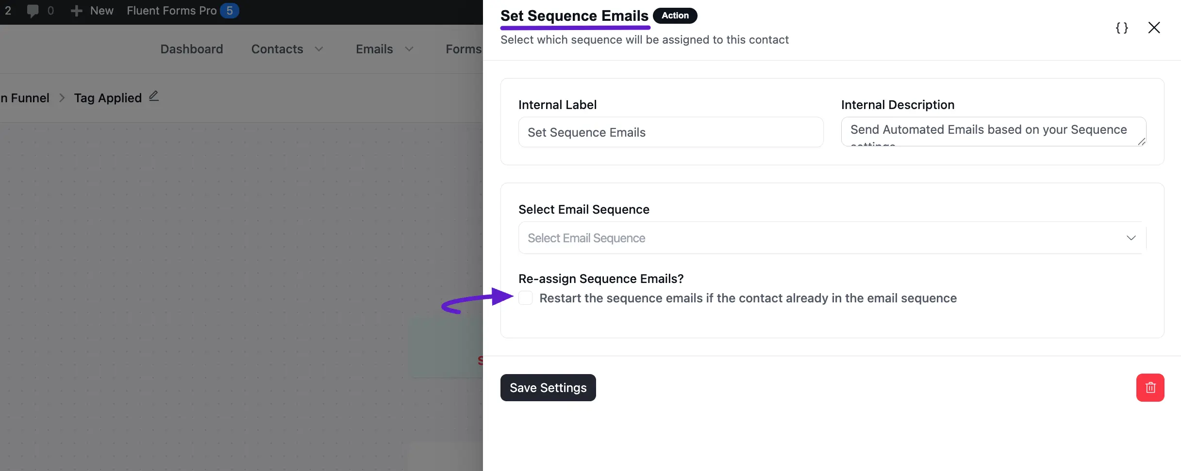Set sequence emails action