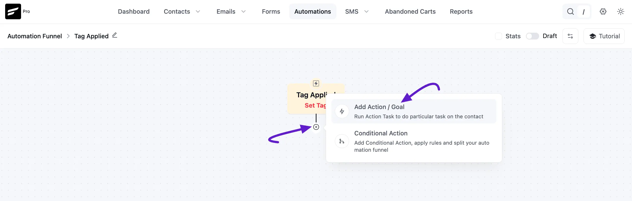 Click plus icon to add actions