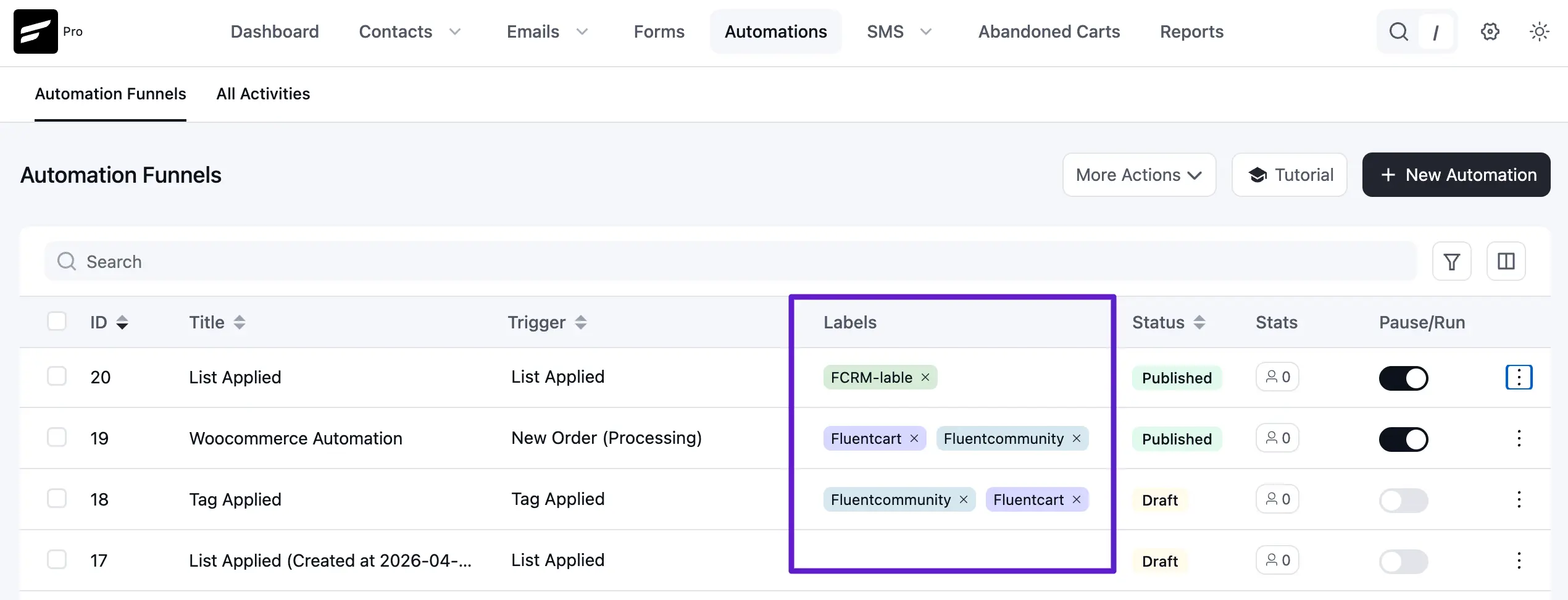 Labels added to selcted automations