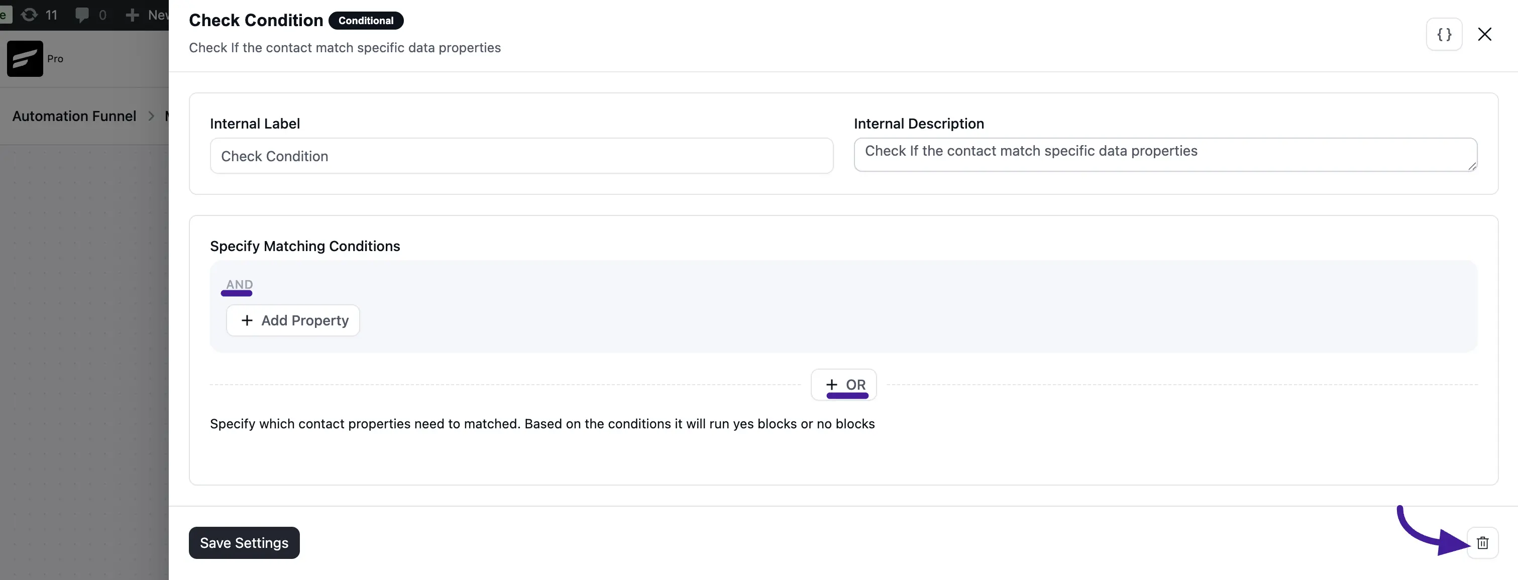 Check condition page with settings options 