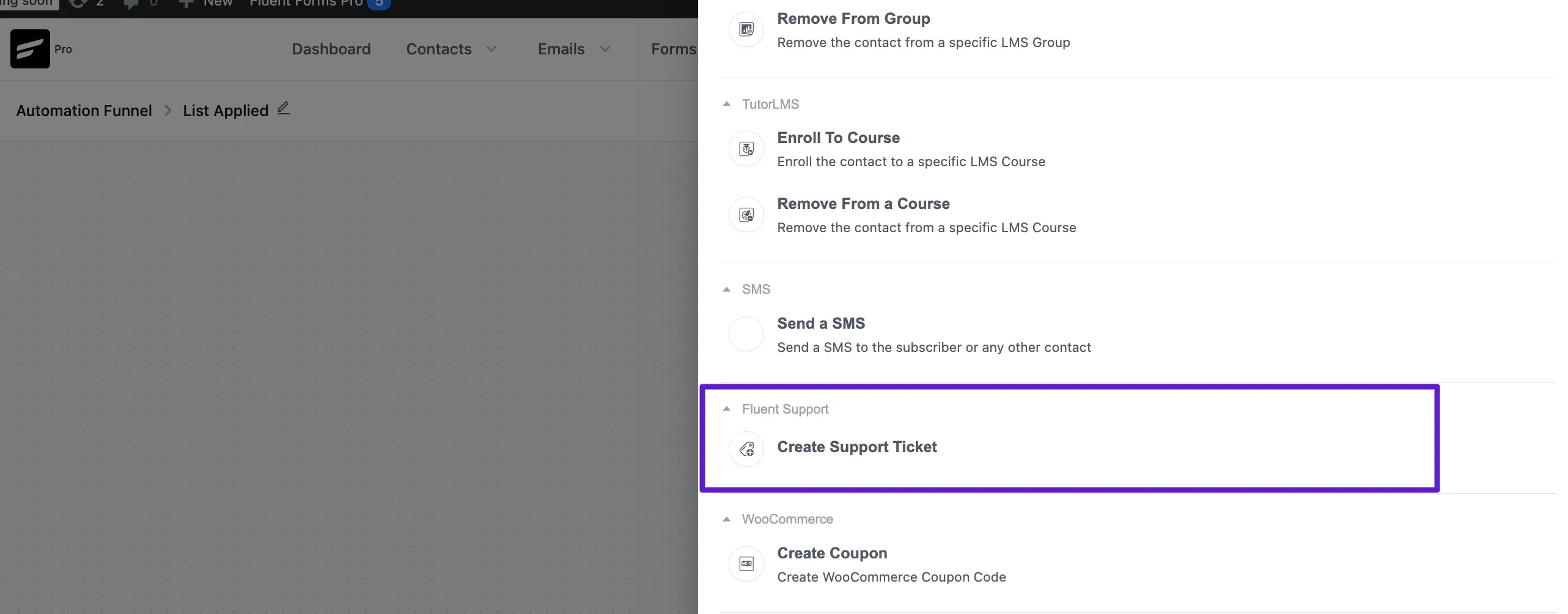 Fluent support action