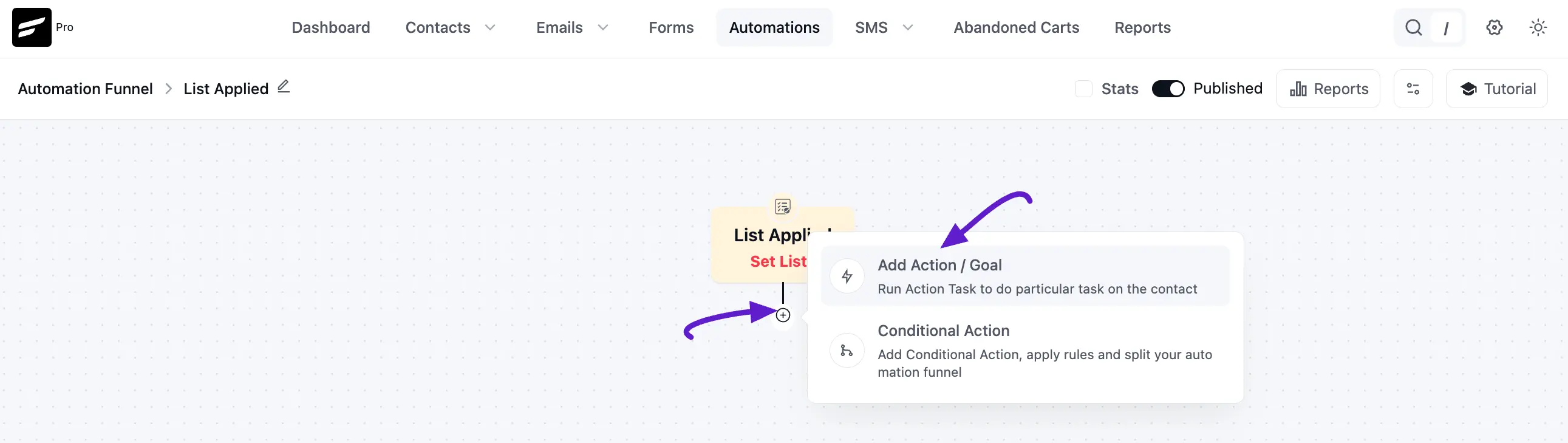 Click plus icon to add actions