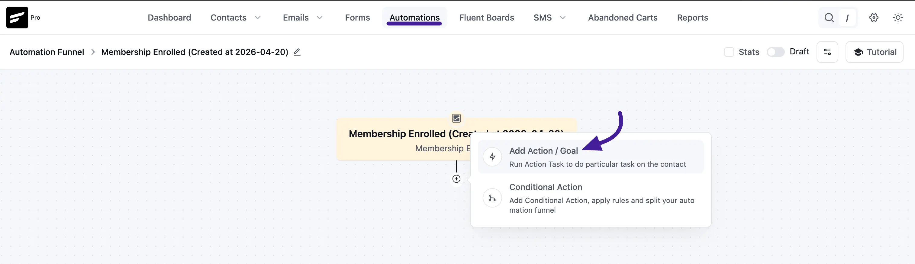 Click plus icon to add actions