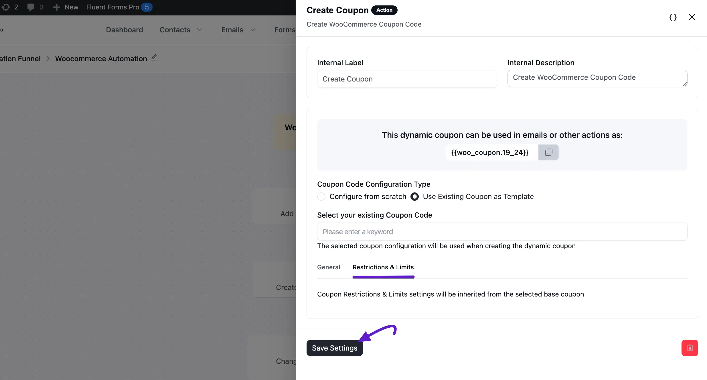 restrictions & limits tab of existing coupon