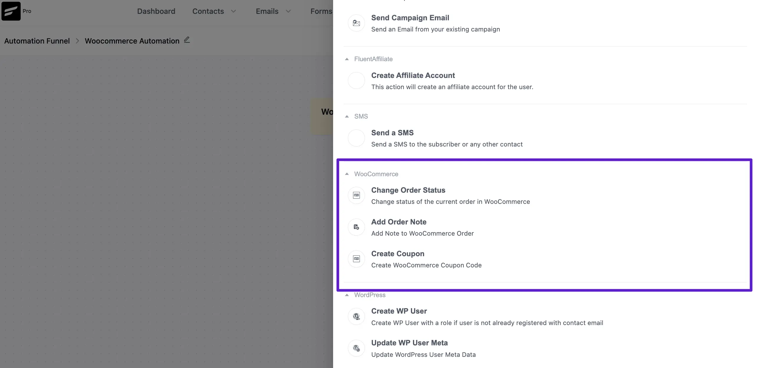 three woocommerce actions under actions blocks popup page