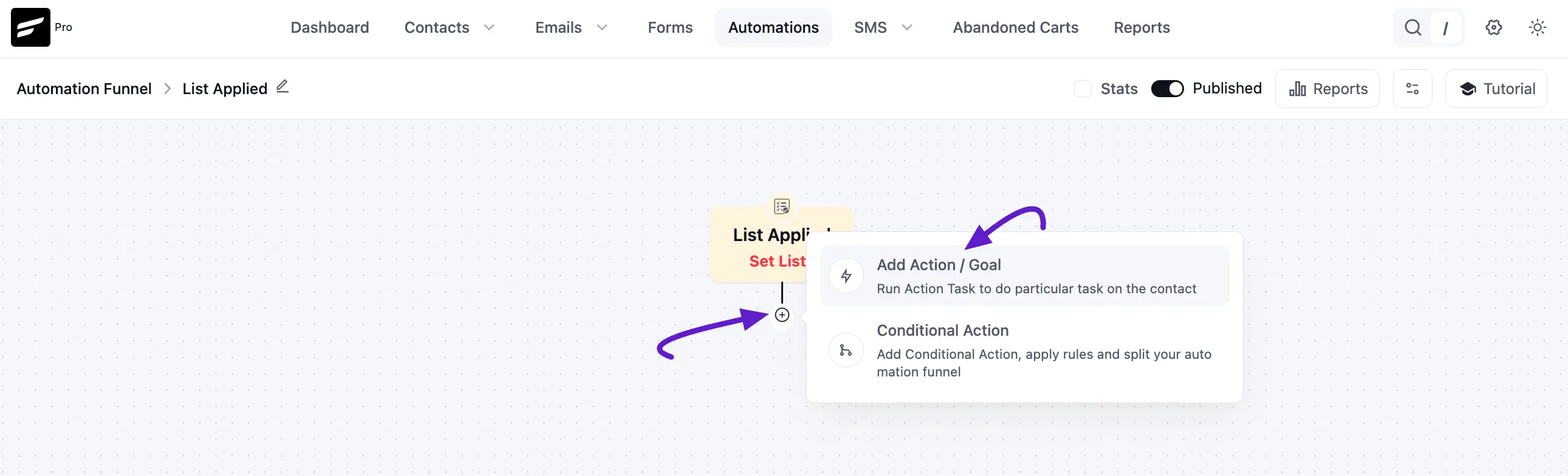 Click plus icon or add actions:goal options