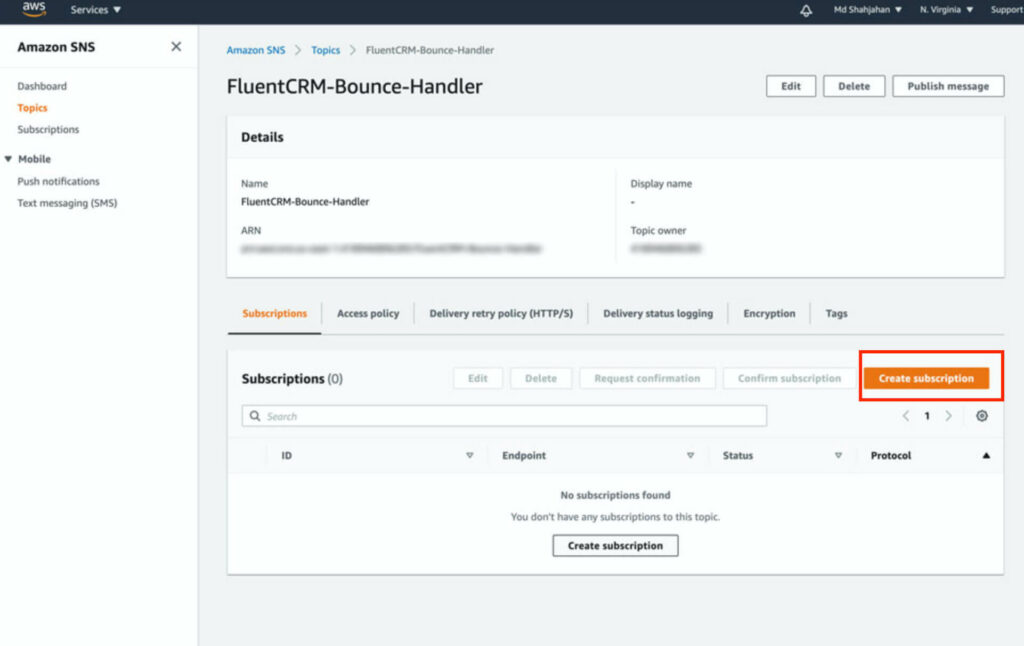 Create subscription option in SNS topic details