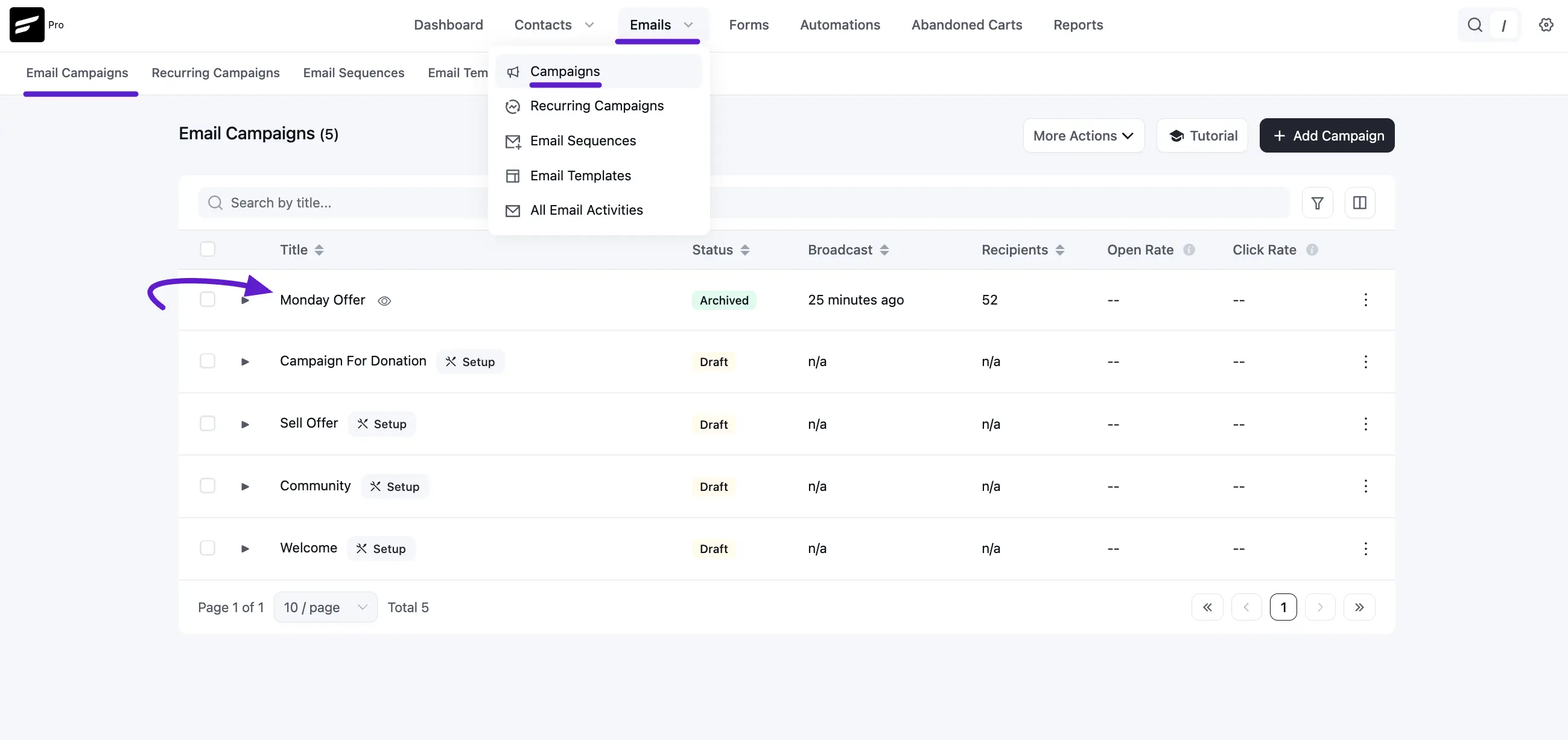 Accessing Email Campaign Dashboard