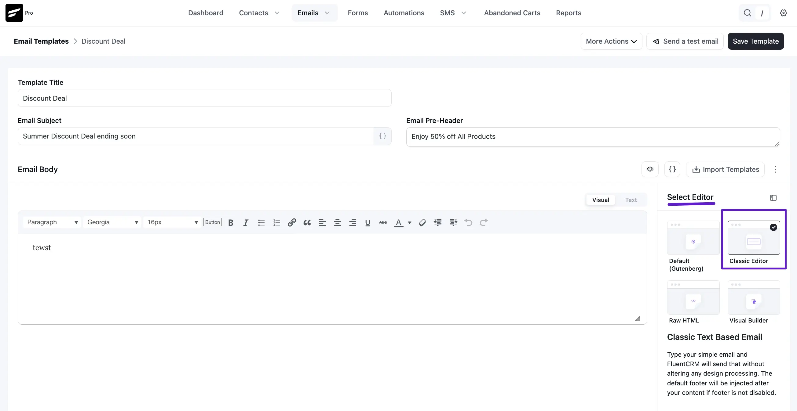 crm email editor template classic editor