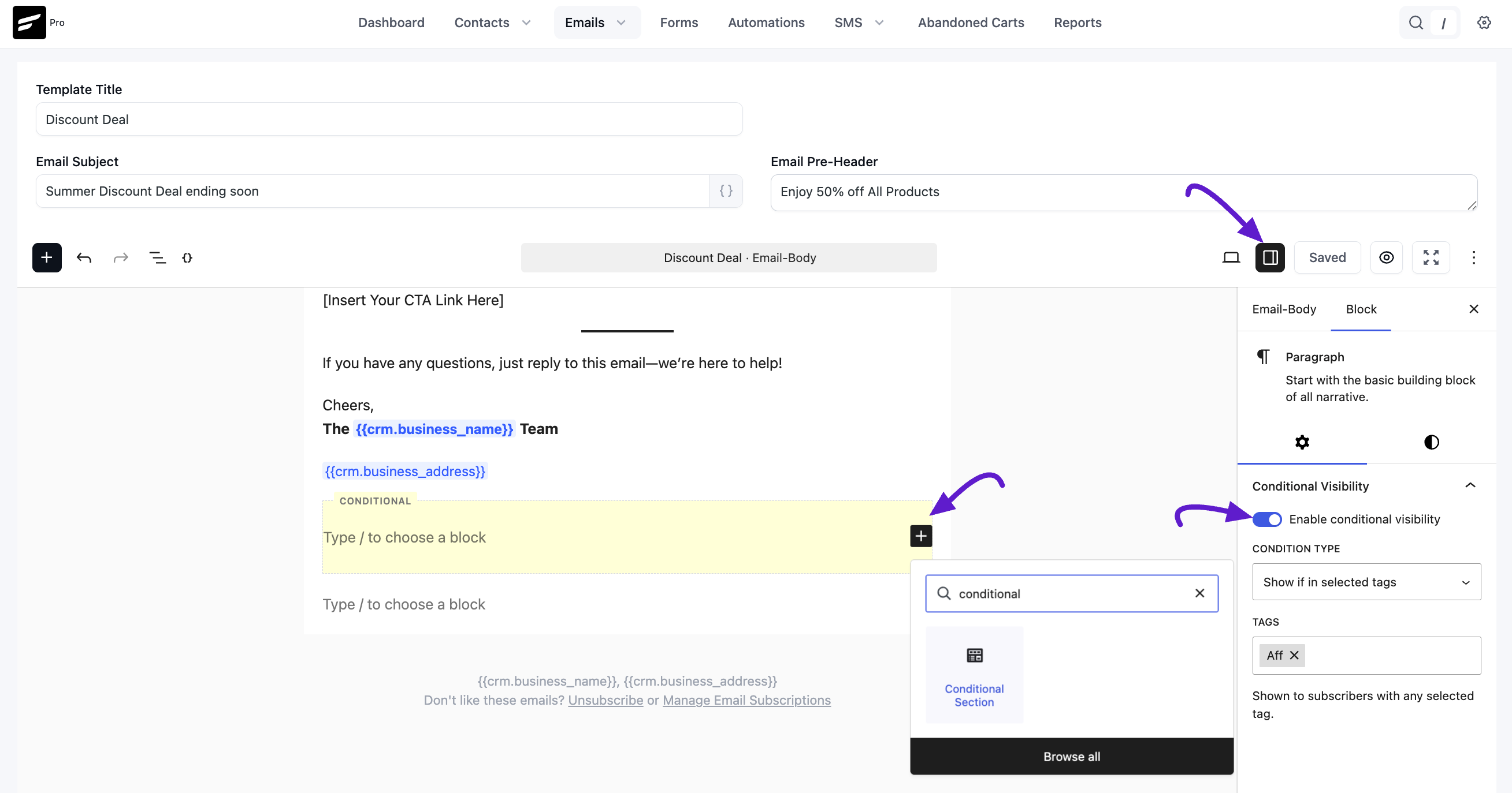 crm email editor conditional block
