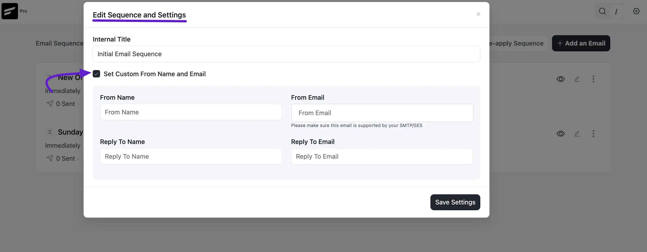 crm sequence custom mail from