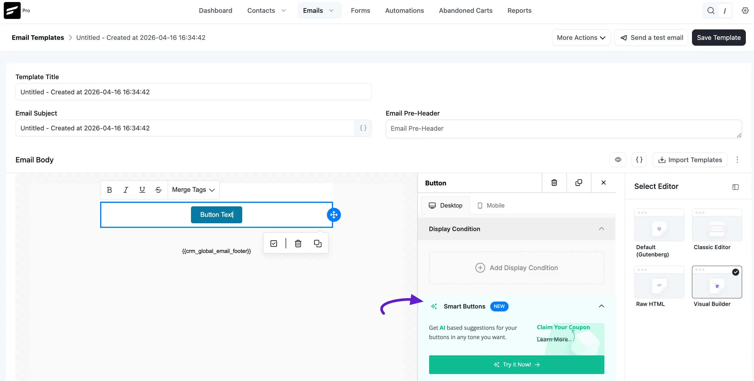 fluent crm visual builder button option