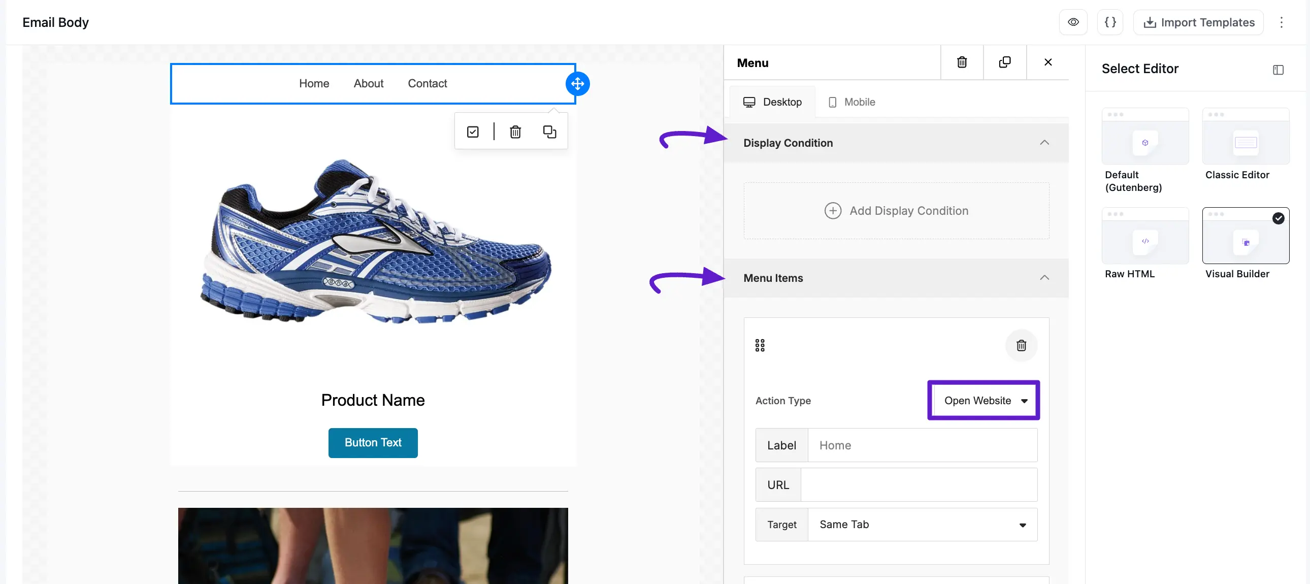 fluent crm visual builder home option