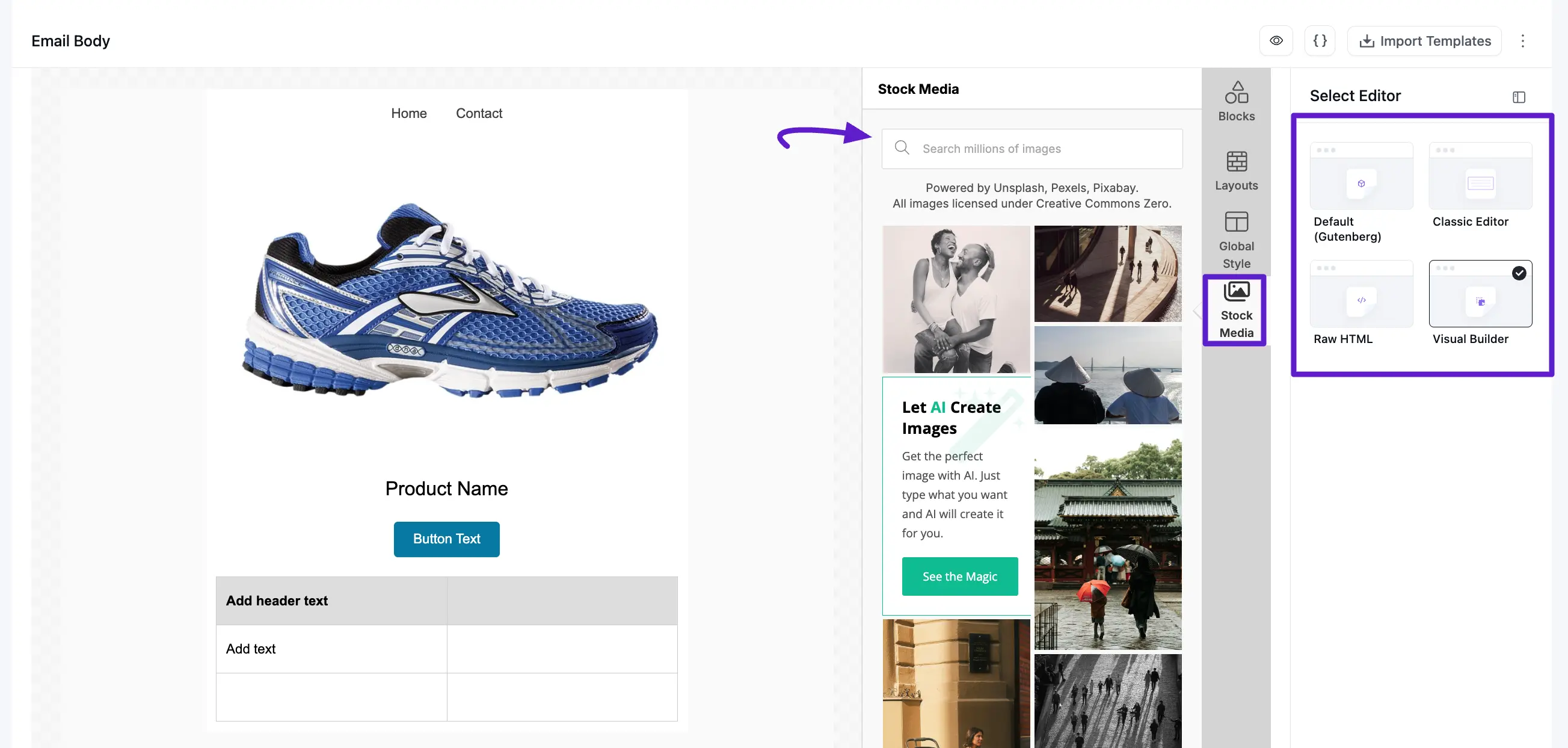 fluentcrm visual builder stock media