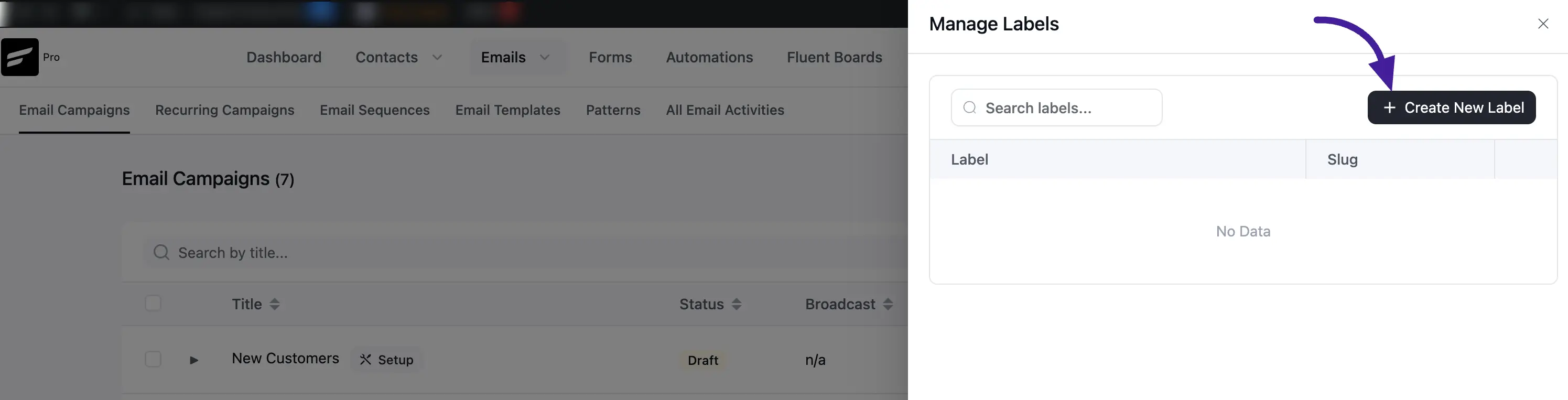 Manage Labels panel — Create New Label button