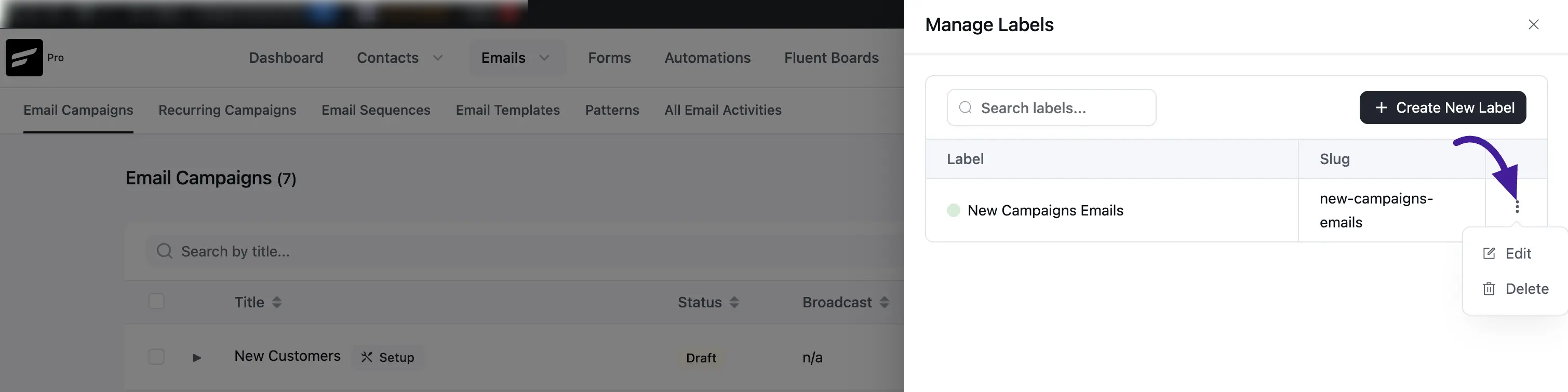 Label row with Edit and Delete options