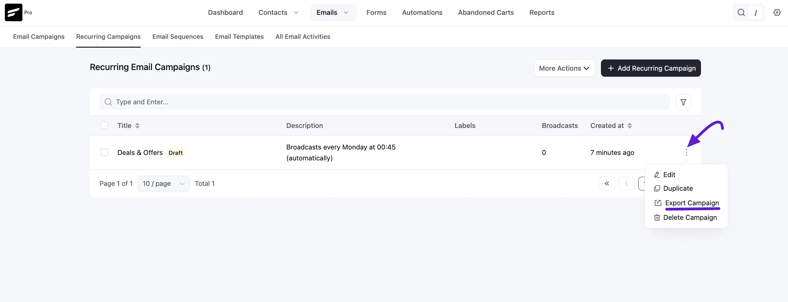 export recurring campaign