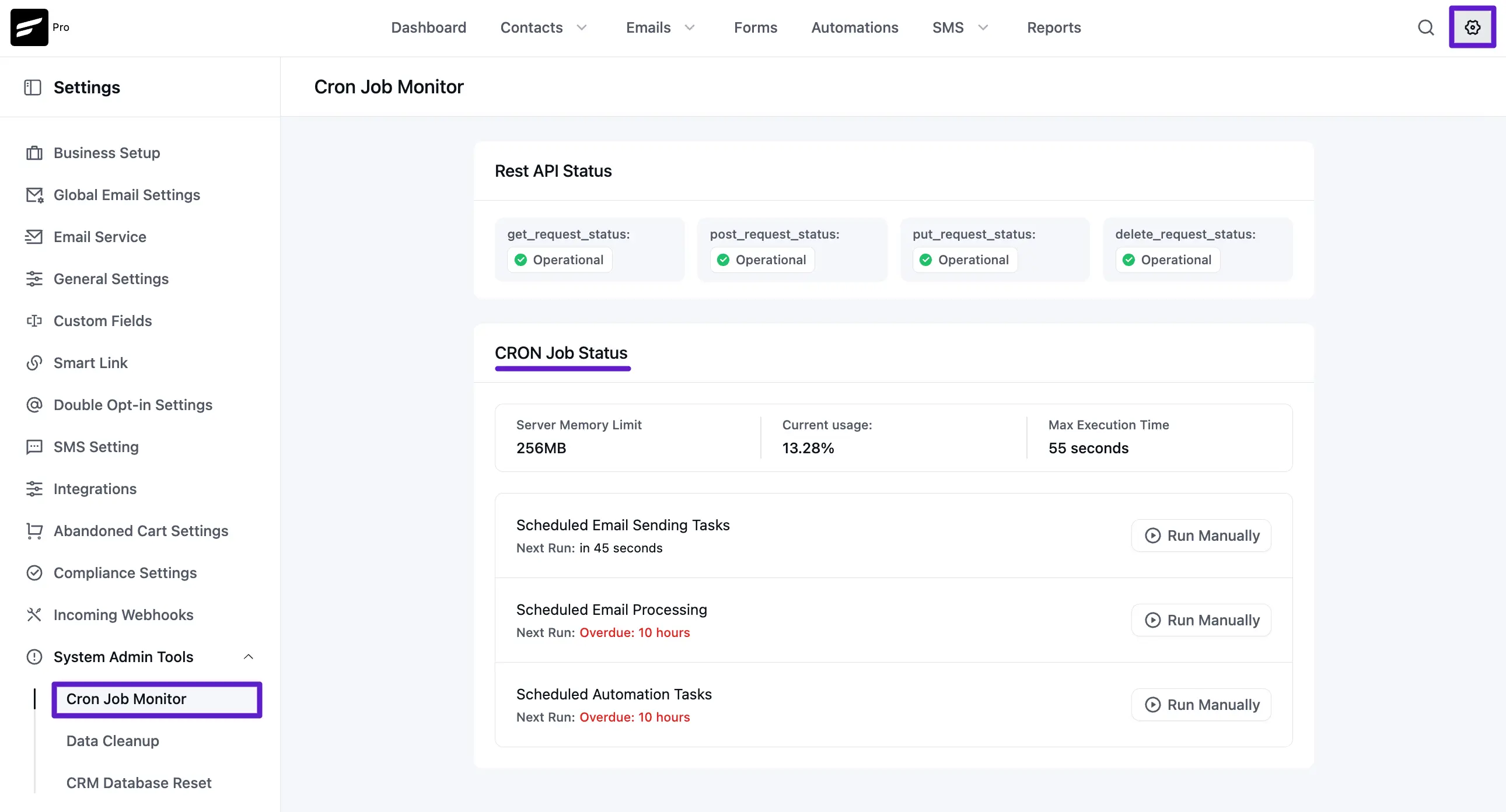 settings tools cron job status
