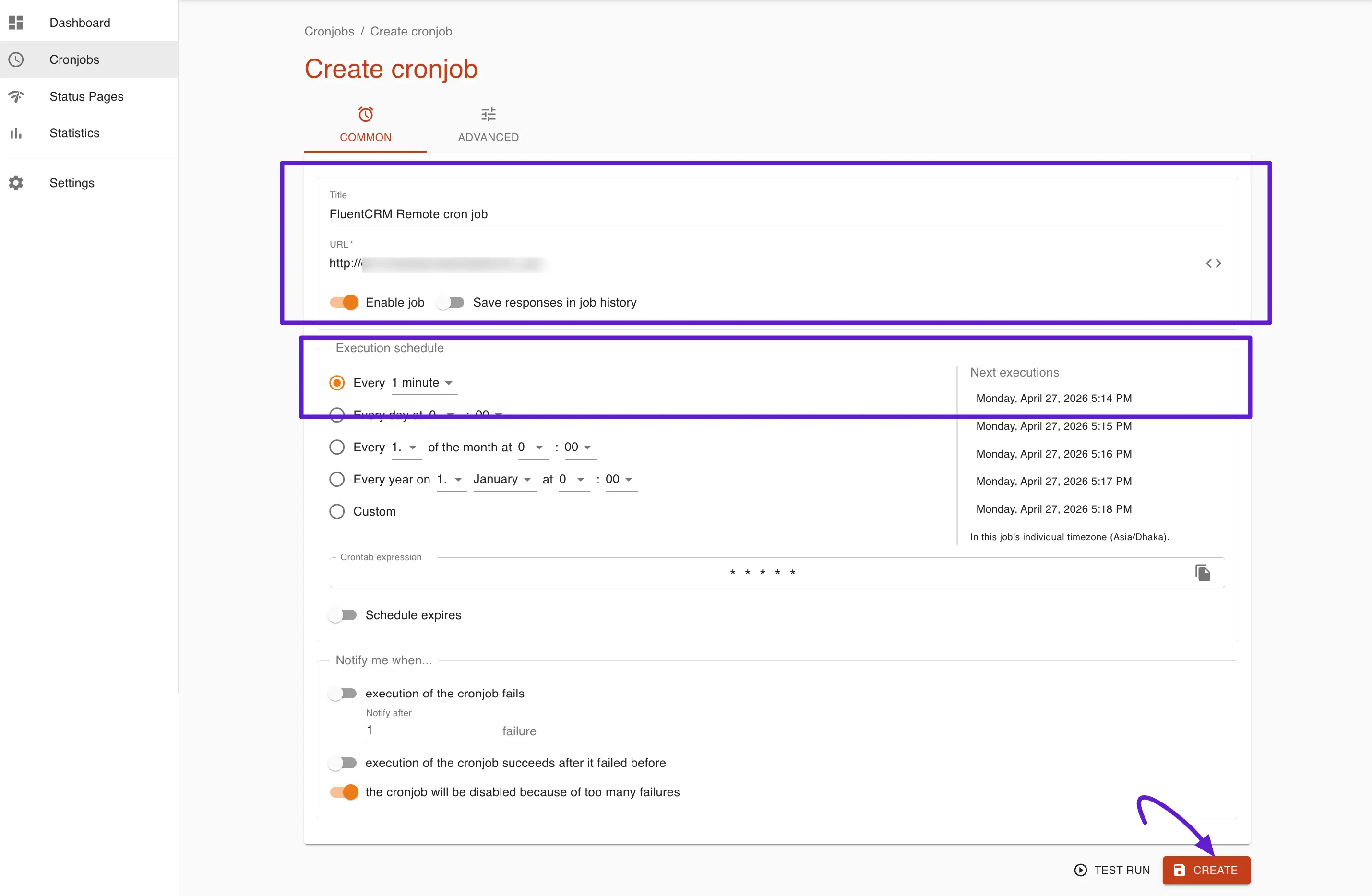 crm cronjoborg create