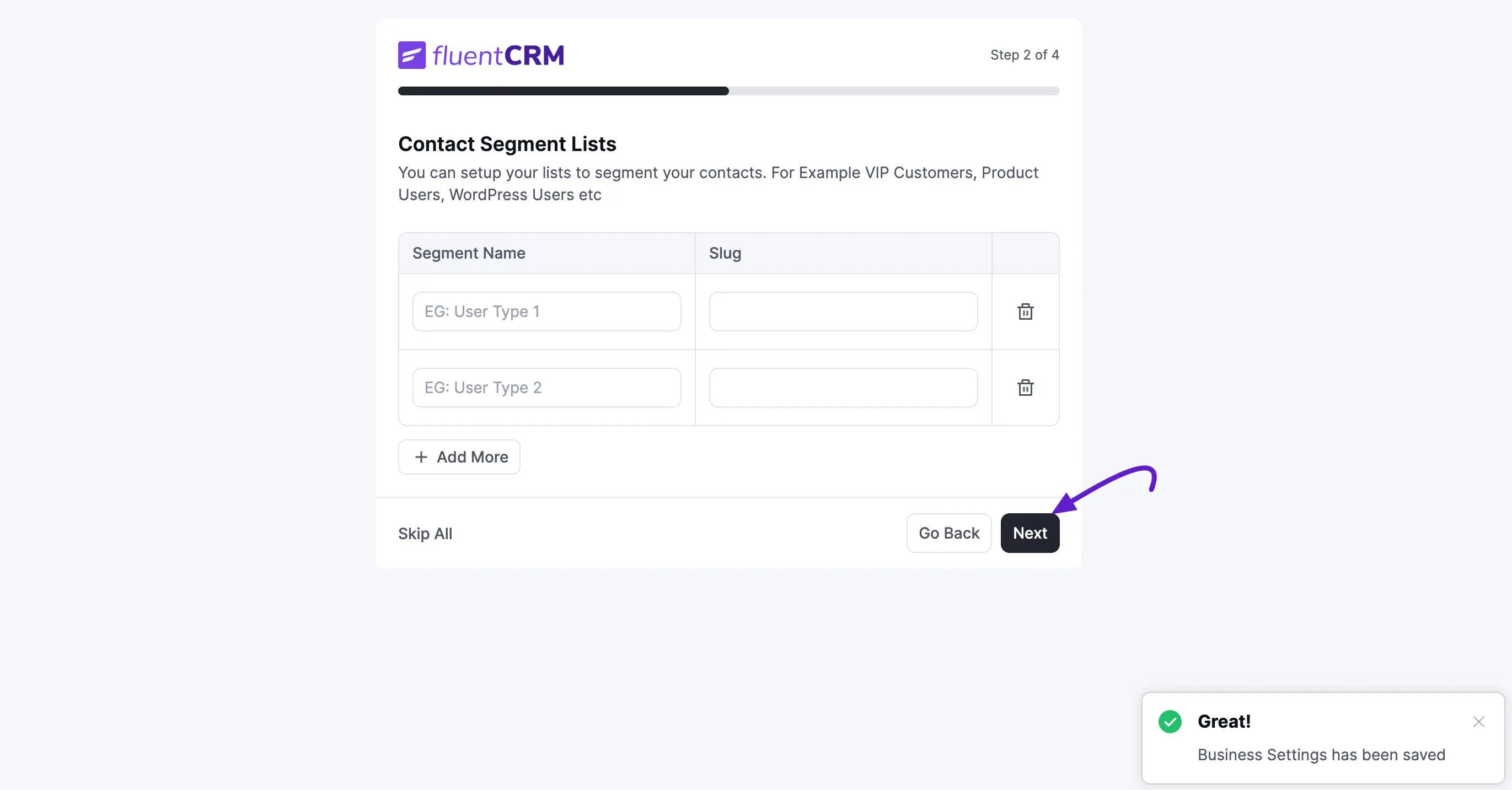 FluentCRM Onboarding Wizard — Step 2, Contact Segment Lists