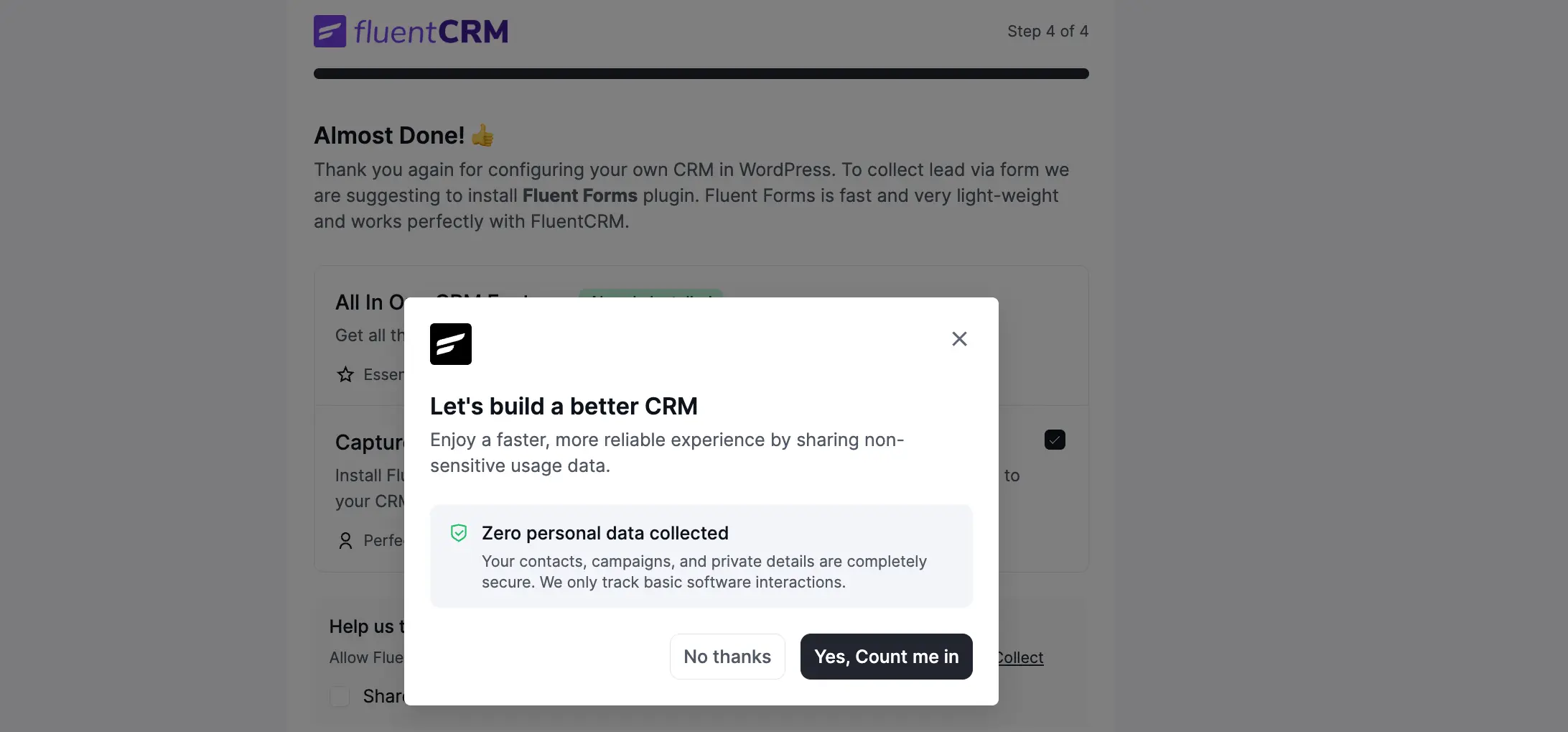 FluentCRM Onboarding Wizard — Step 4, Usage Data Modal