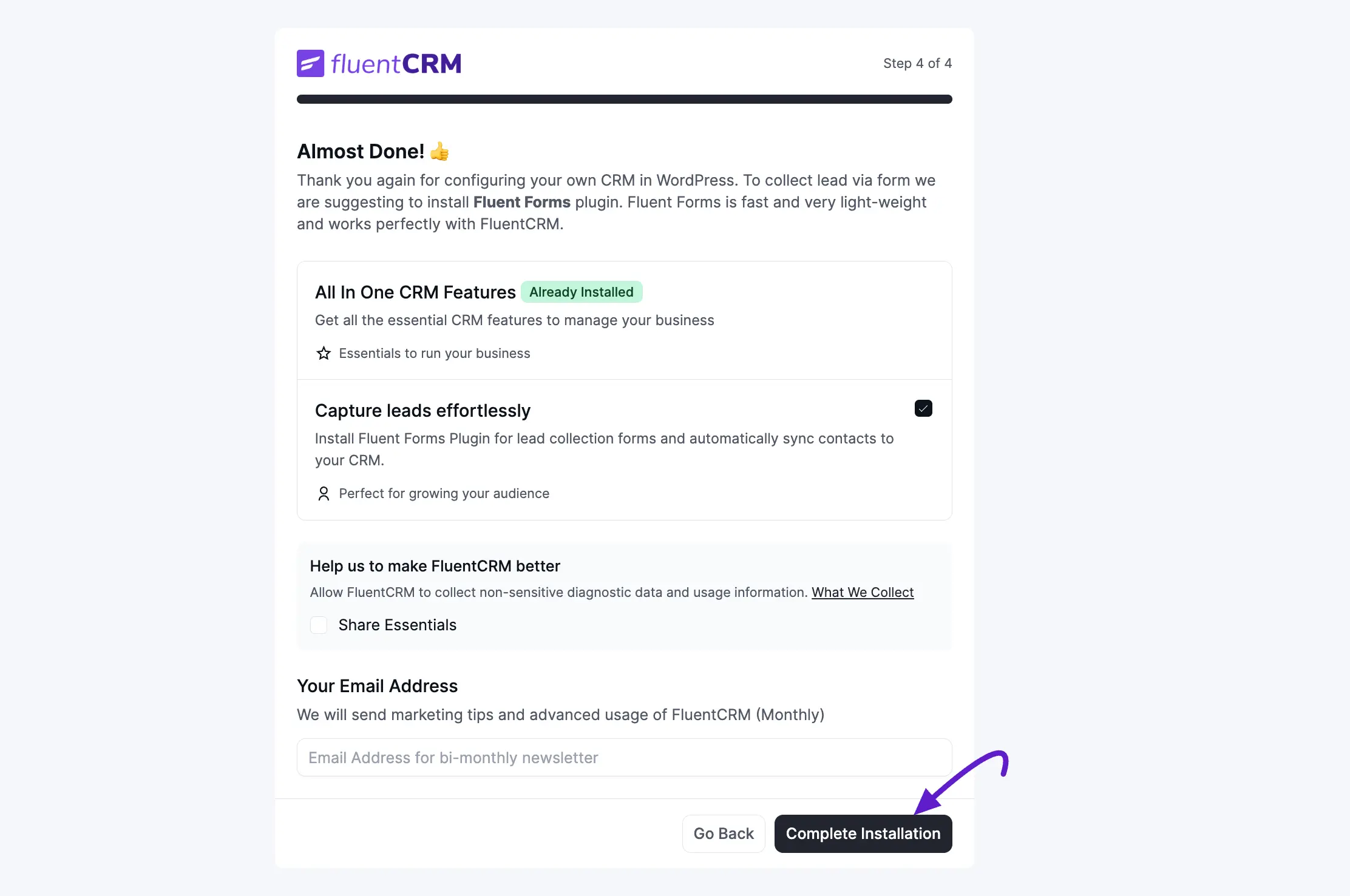 FluentCRM Onboarding Wizard — Step 4, Finish Up