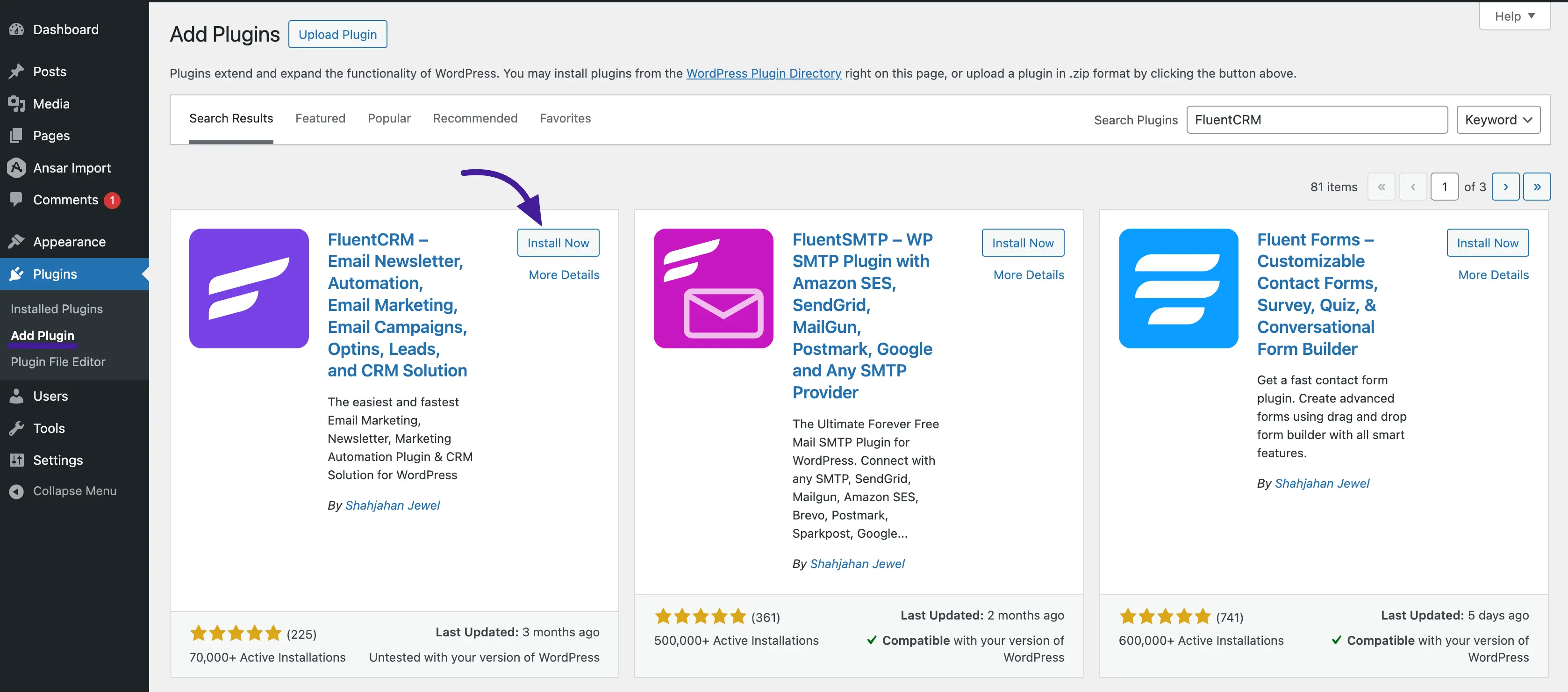 FluentCRM plugin search result in the WordPress plugin installer