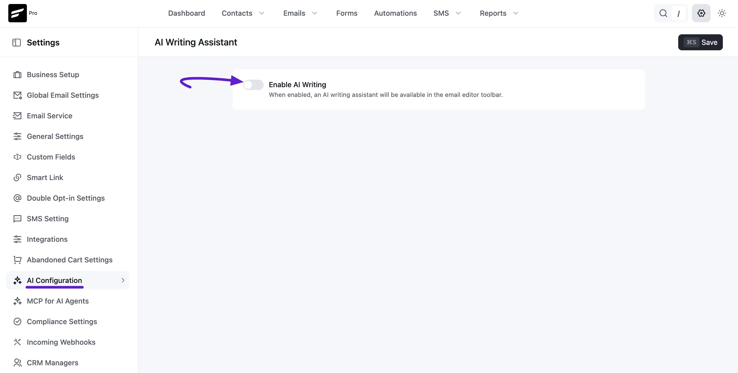 Enable AI Writing toggle