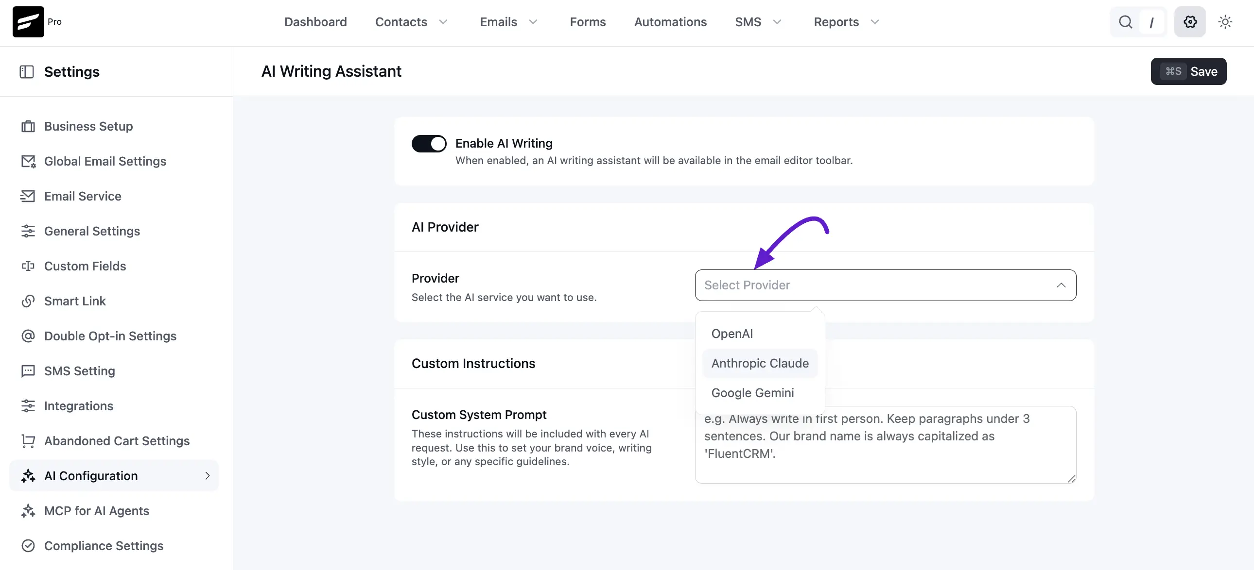 AI provider, model, API key, and custom instructions
