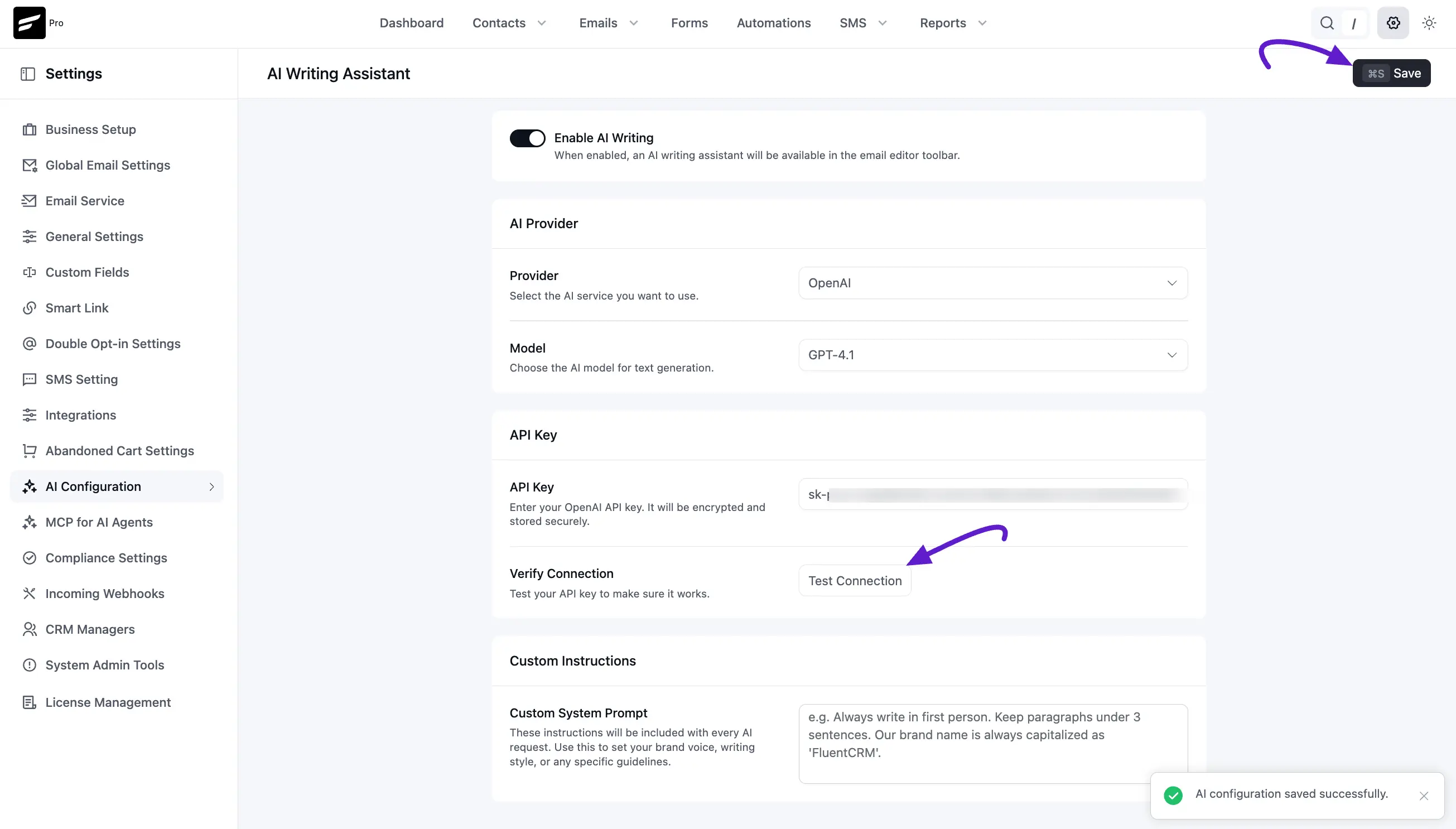 Test connection and success confirmation