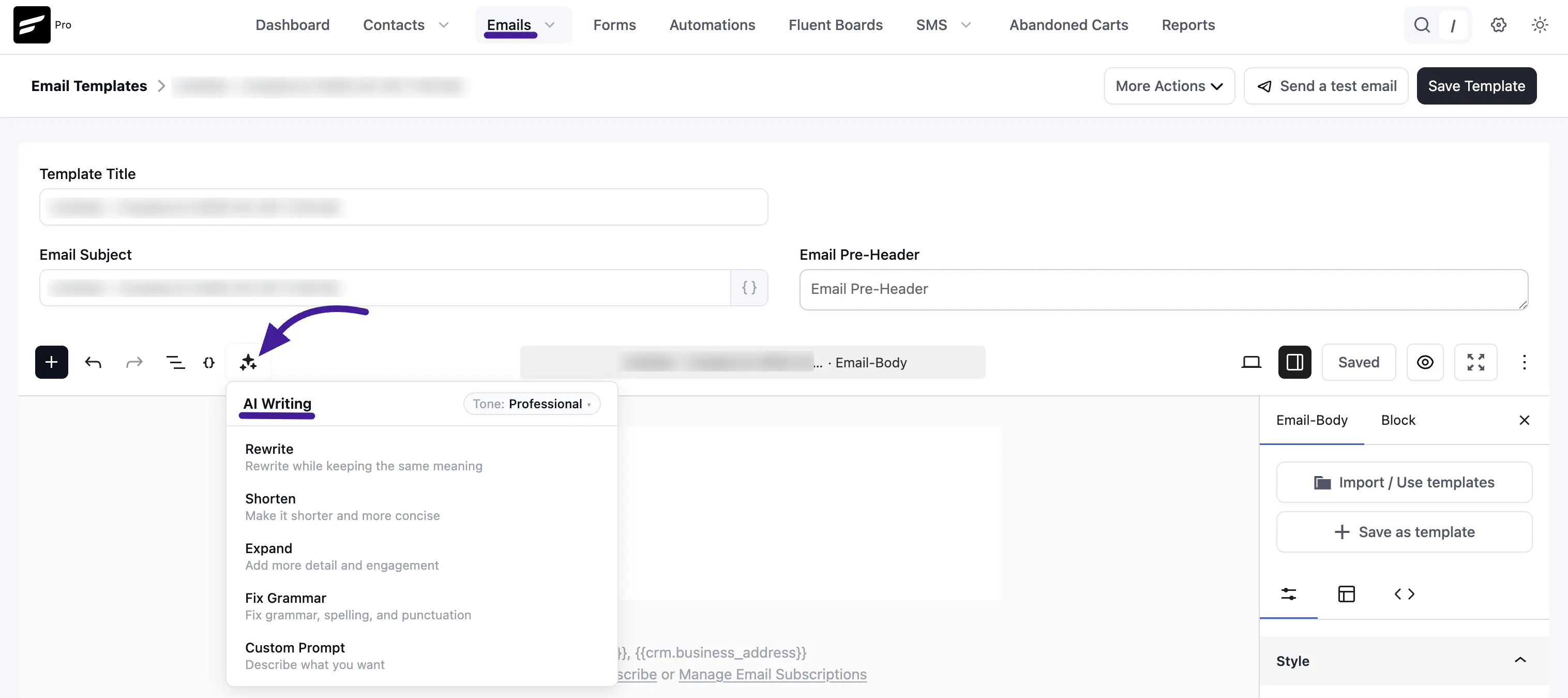AI Writing menu inside email editor