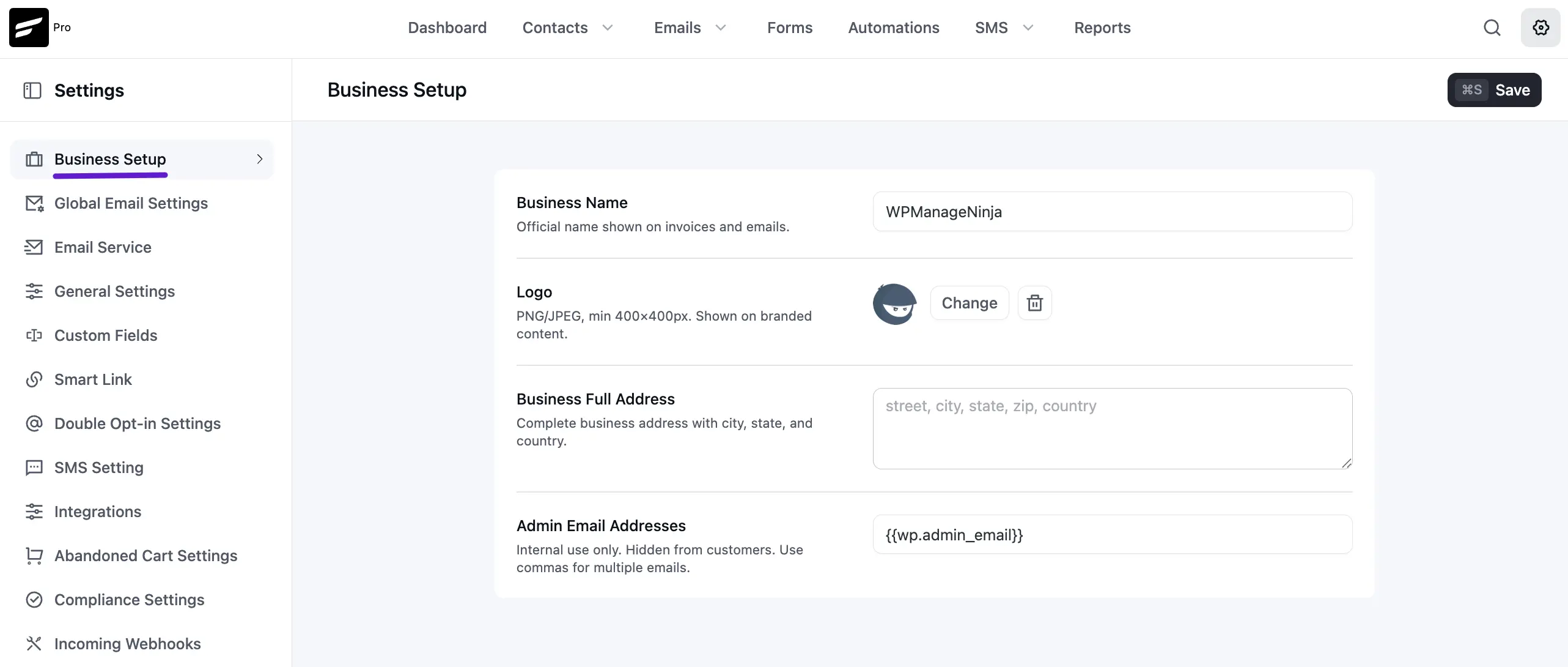 Business settings fluentcrm