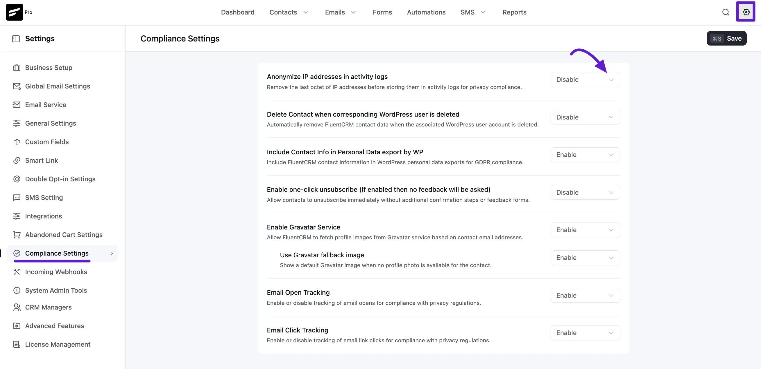 compliance settings option under settings section of fluentcrm