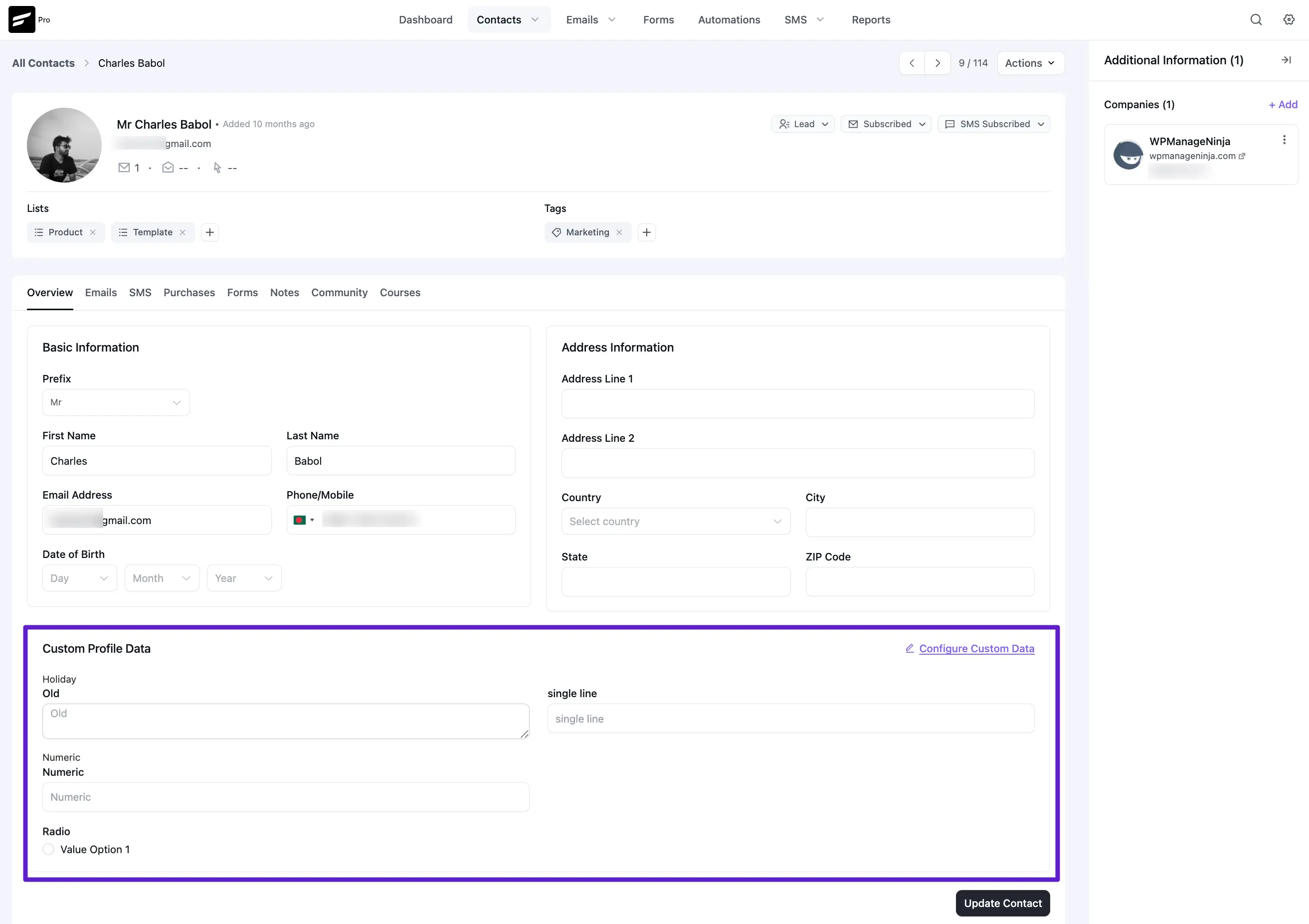 crm contact custom fields