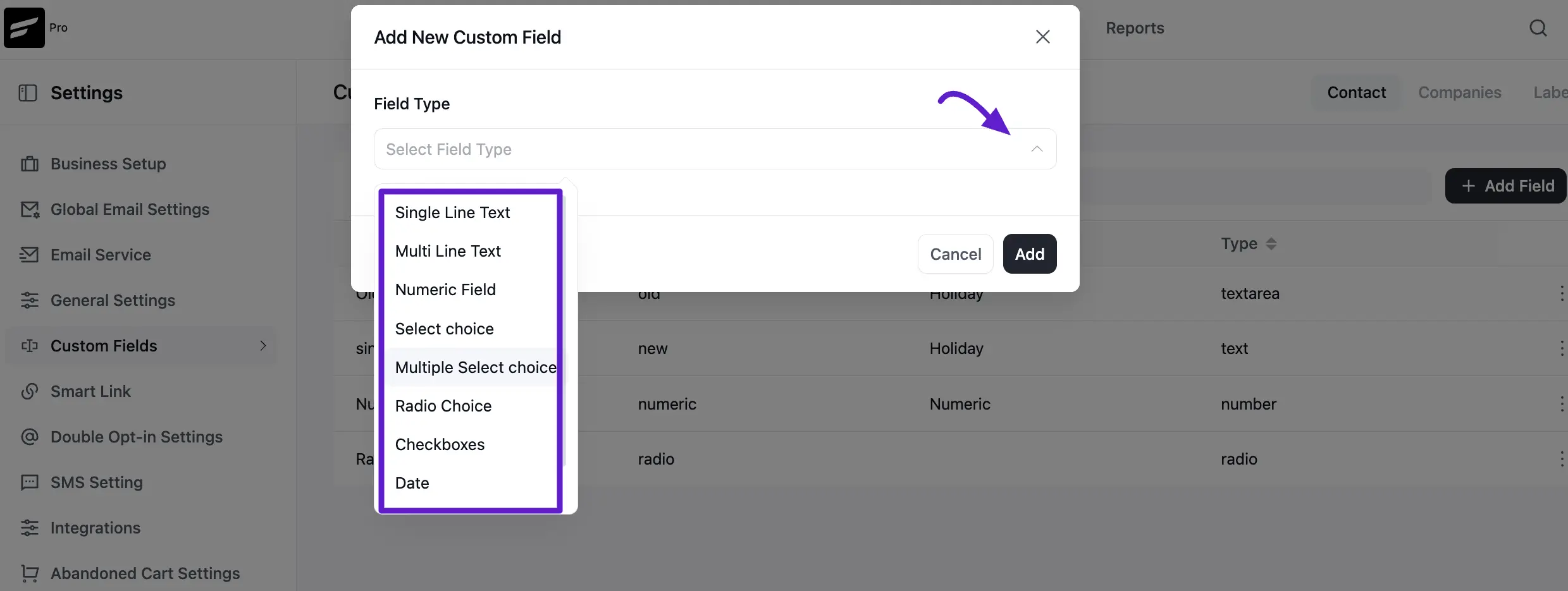 crm custom contact fields add new 