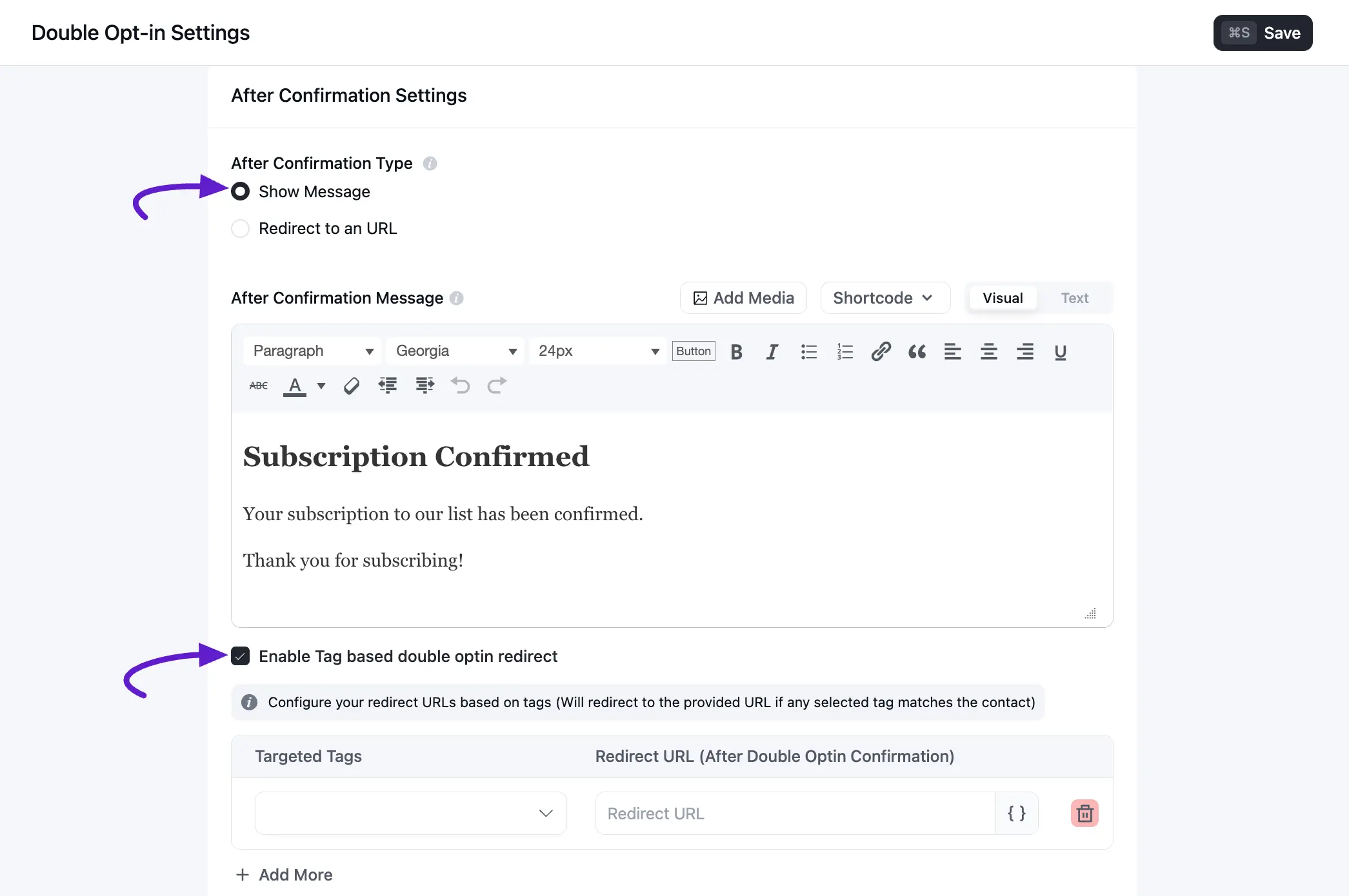 crm double opt in after confirmation show message