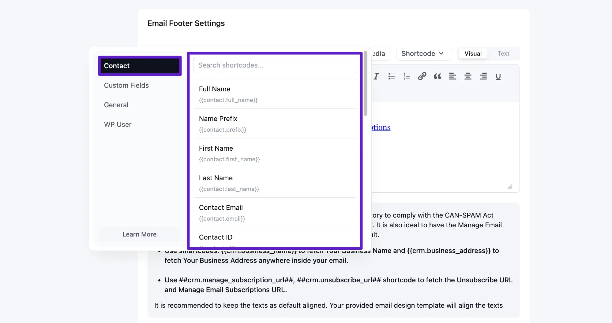 crm email settigns smartcodes contact