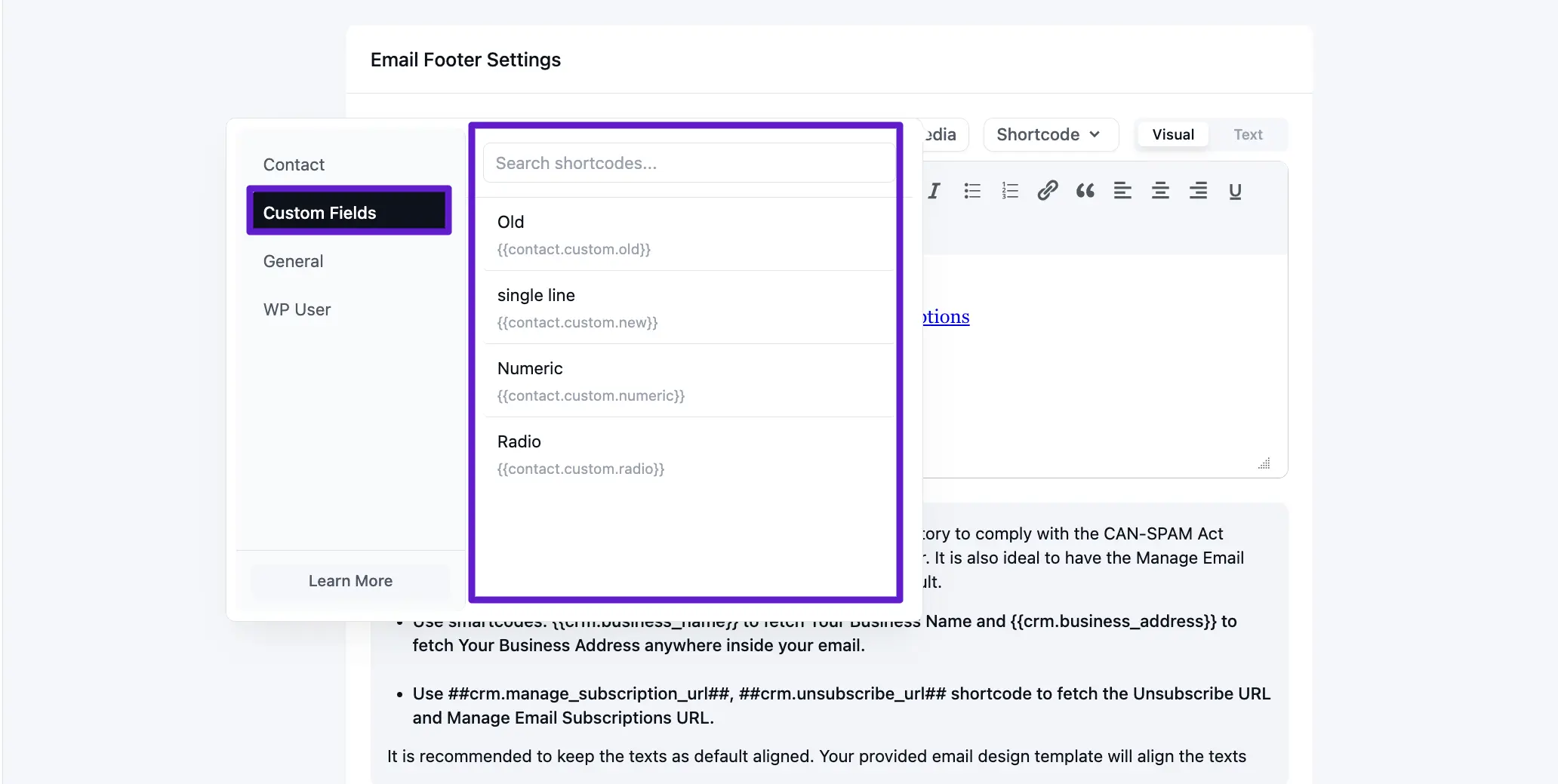 crm email settigns smartcodes customfields