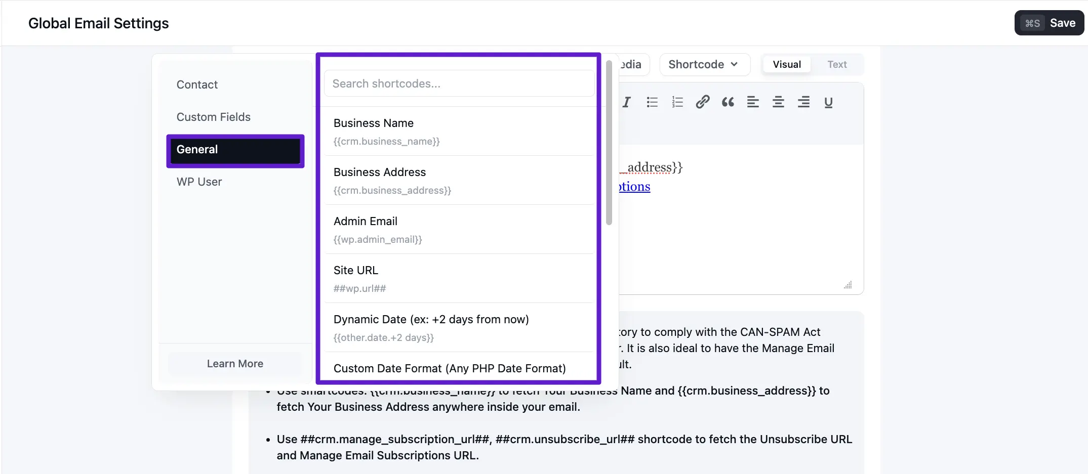 crm email settigns smartcodes general