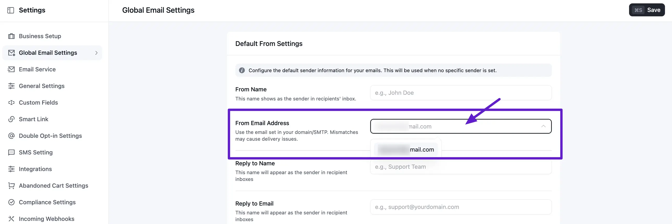 crm email settings dropdwon address