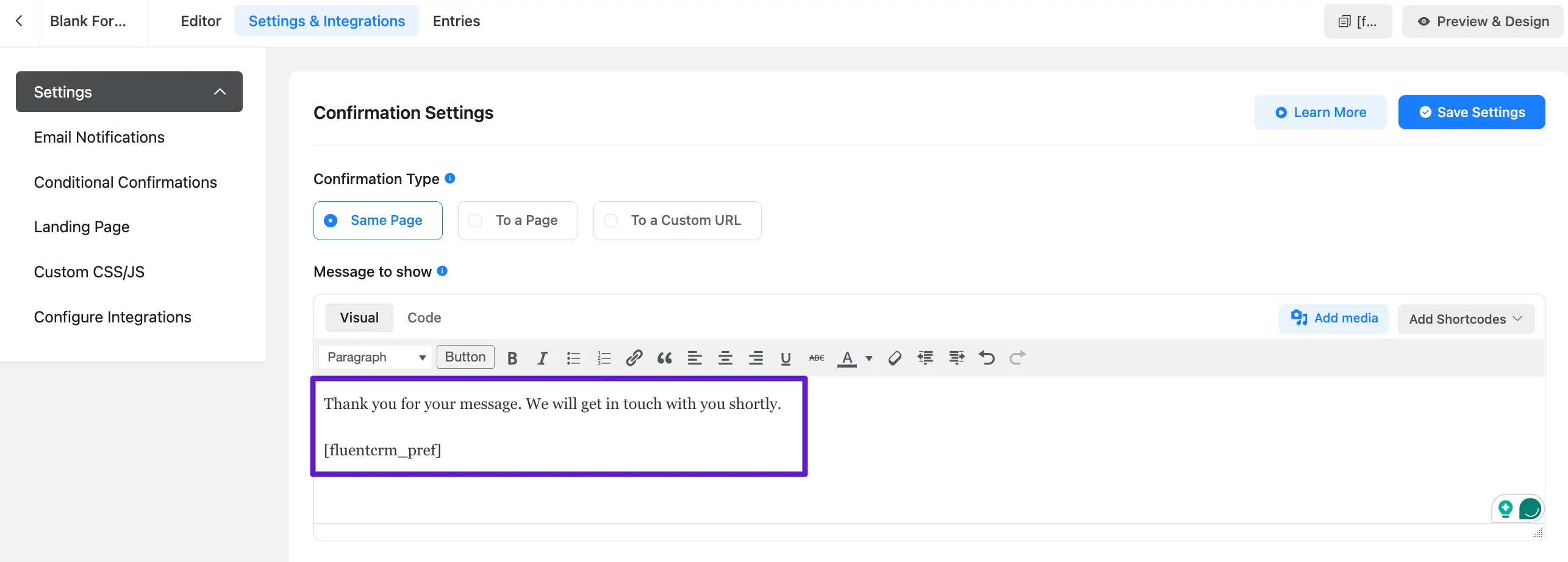 crm form confirmation email preference
