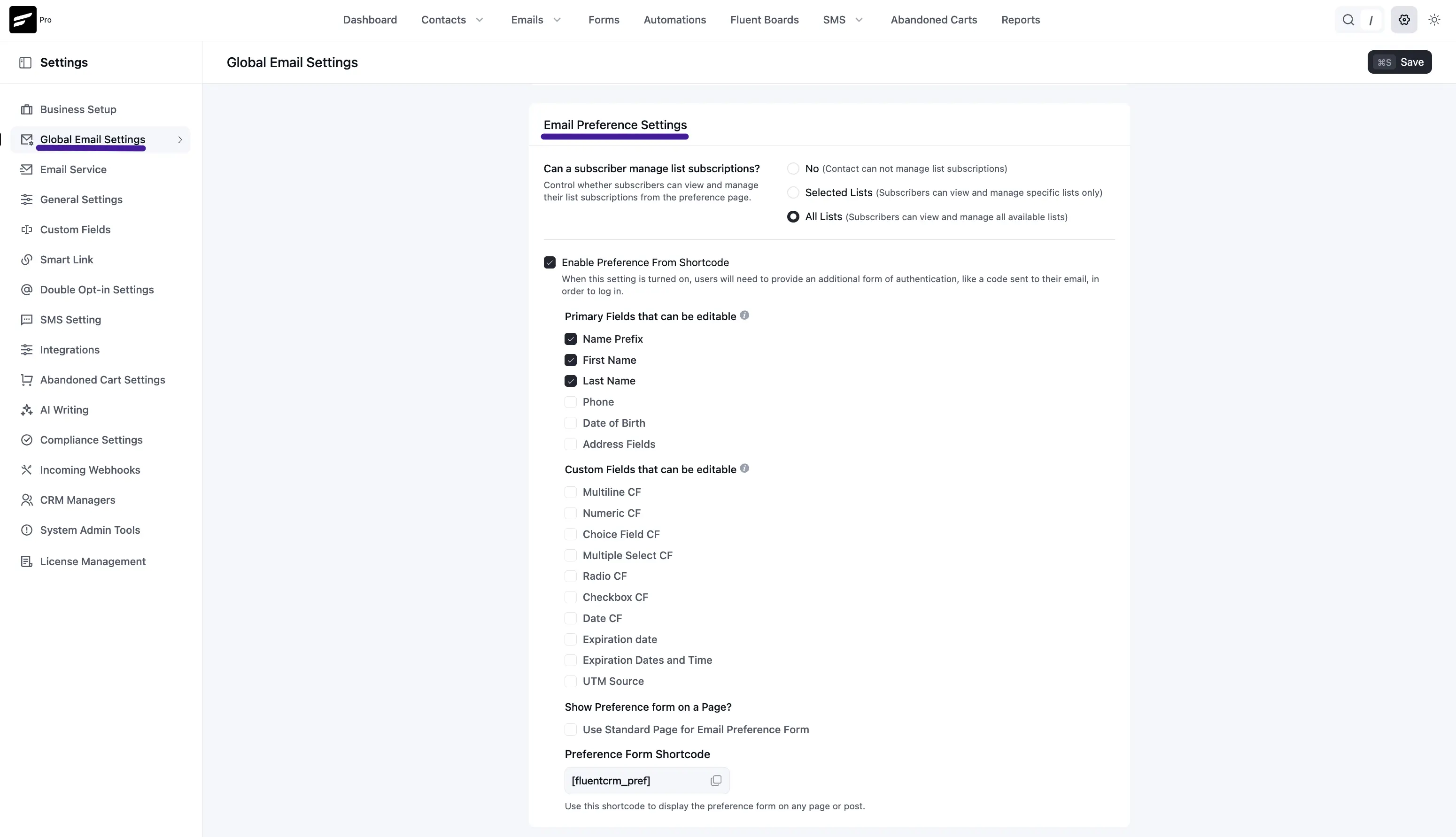 Global Email Settings — list subscriptions and preference form