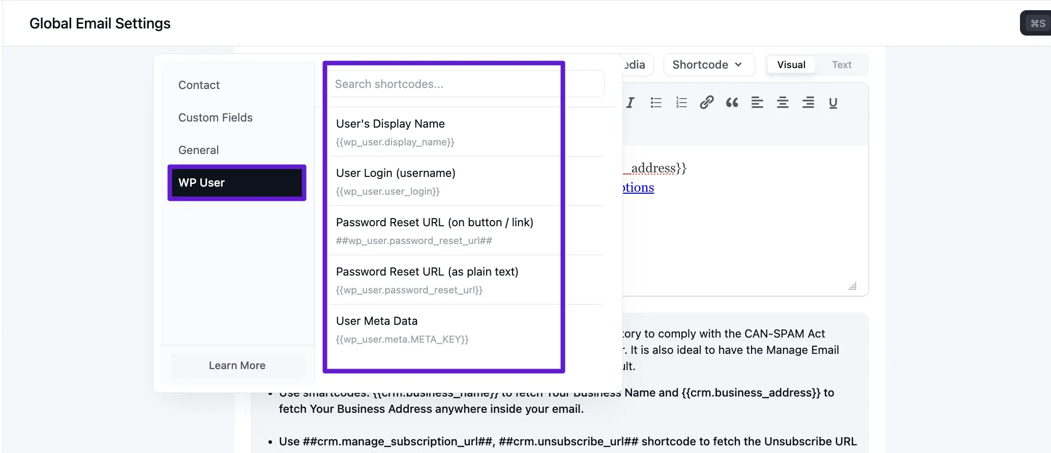 crm email settings smartcodes wp user