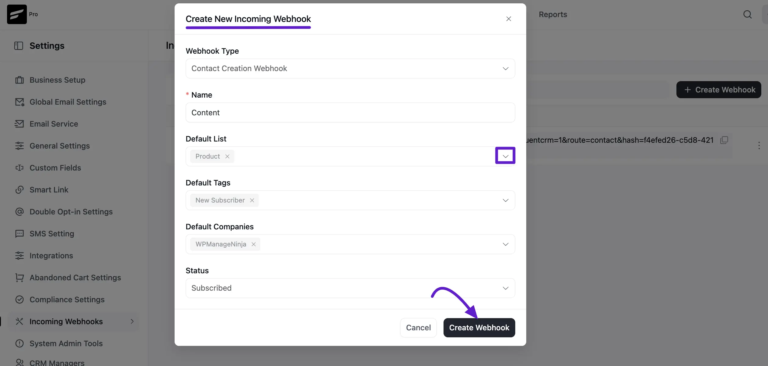 crm incoming webhook
