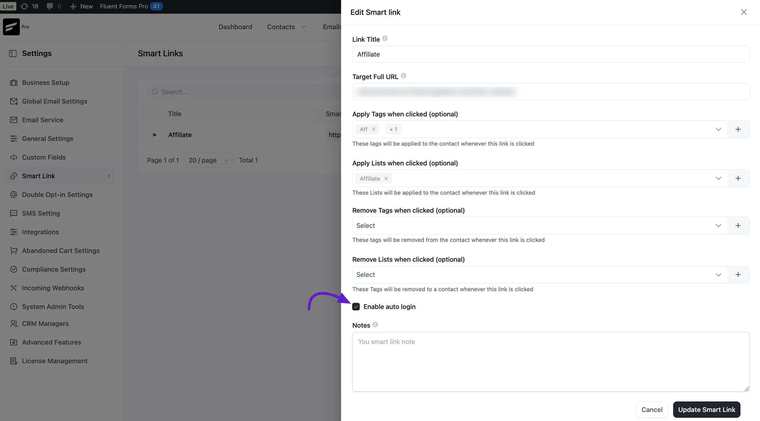 settings fluentcrm auto login