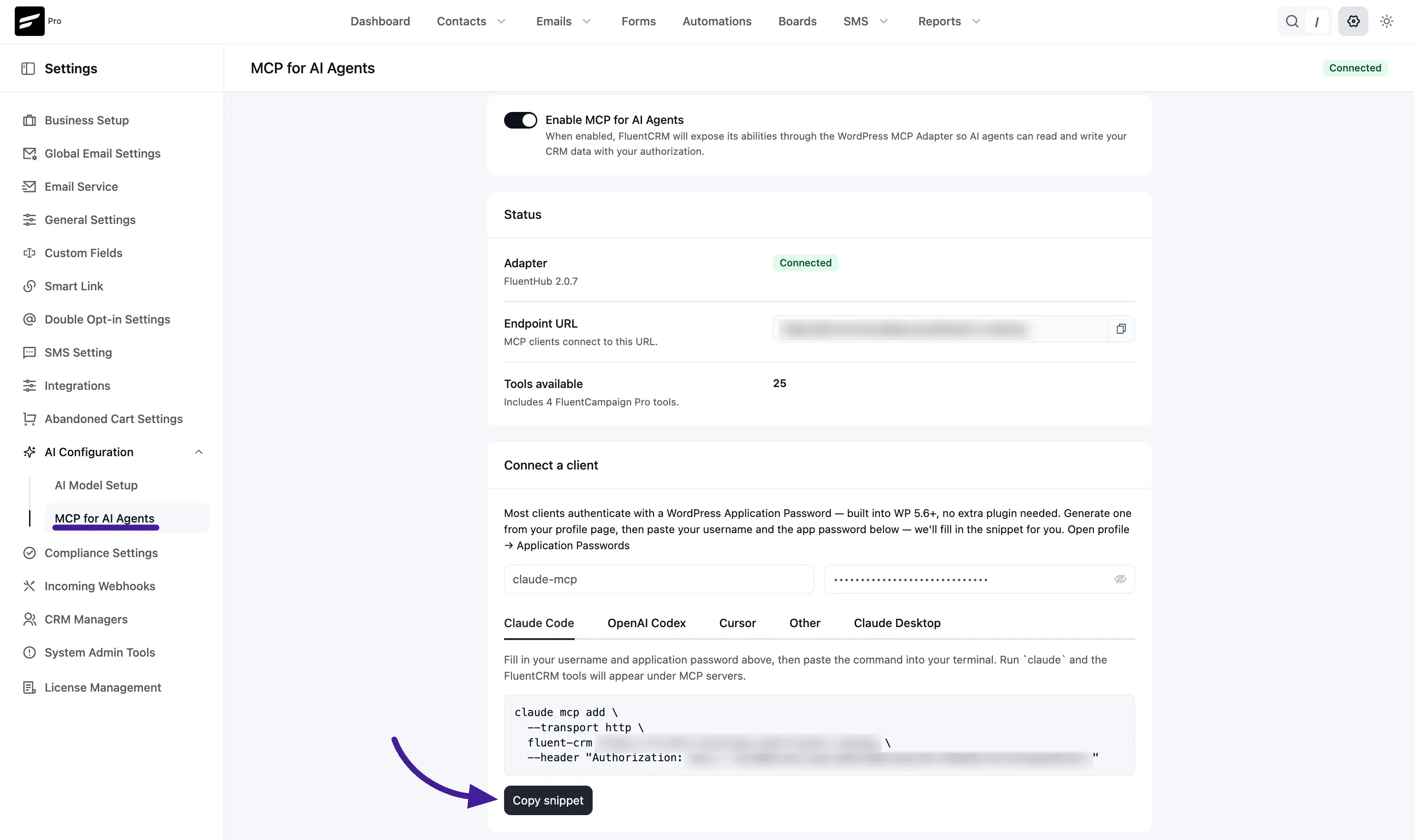 Calude Code Snippet FluentCRM in a table